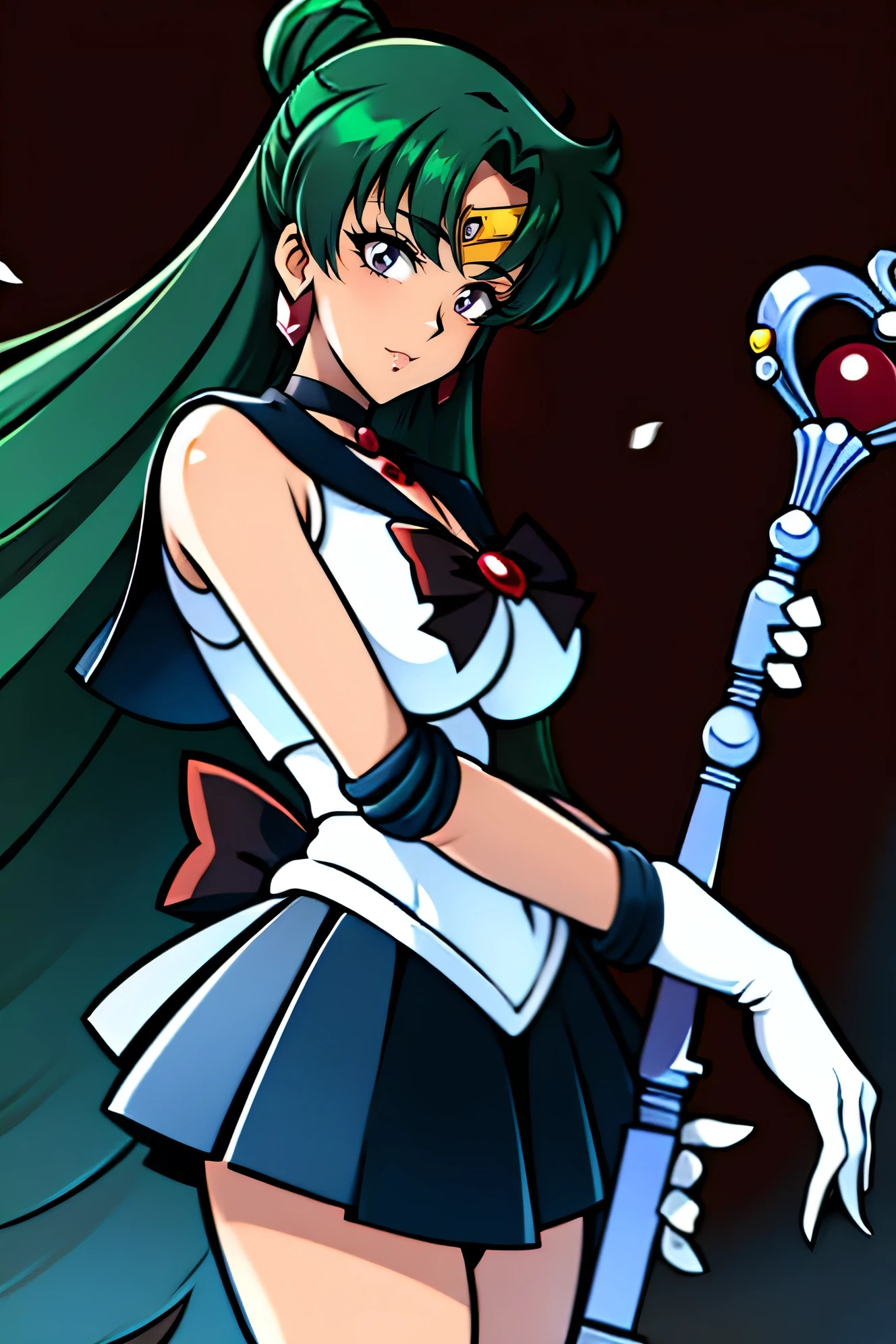 masterpiece, best_quality, highres, SetsunaMeiou, green_hair, hair_bun, red_eyes, big_breasts, standing, black_sailor_collar, black_skirt, black_choker, solo, sailor_senshi_uniform, tiara, staff, holding_staff, gloves