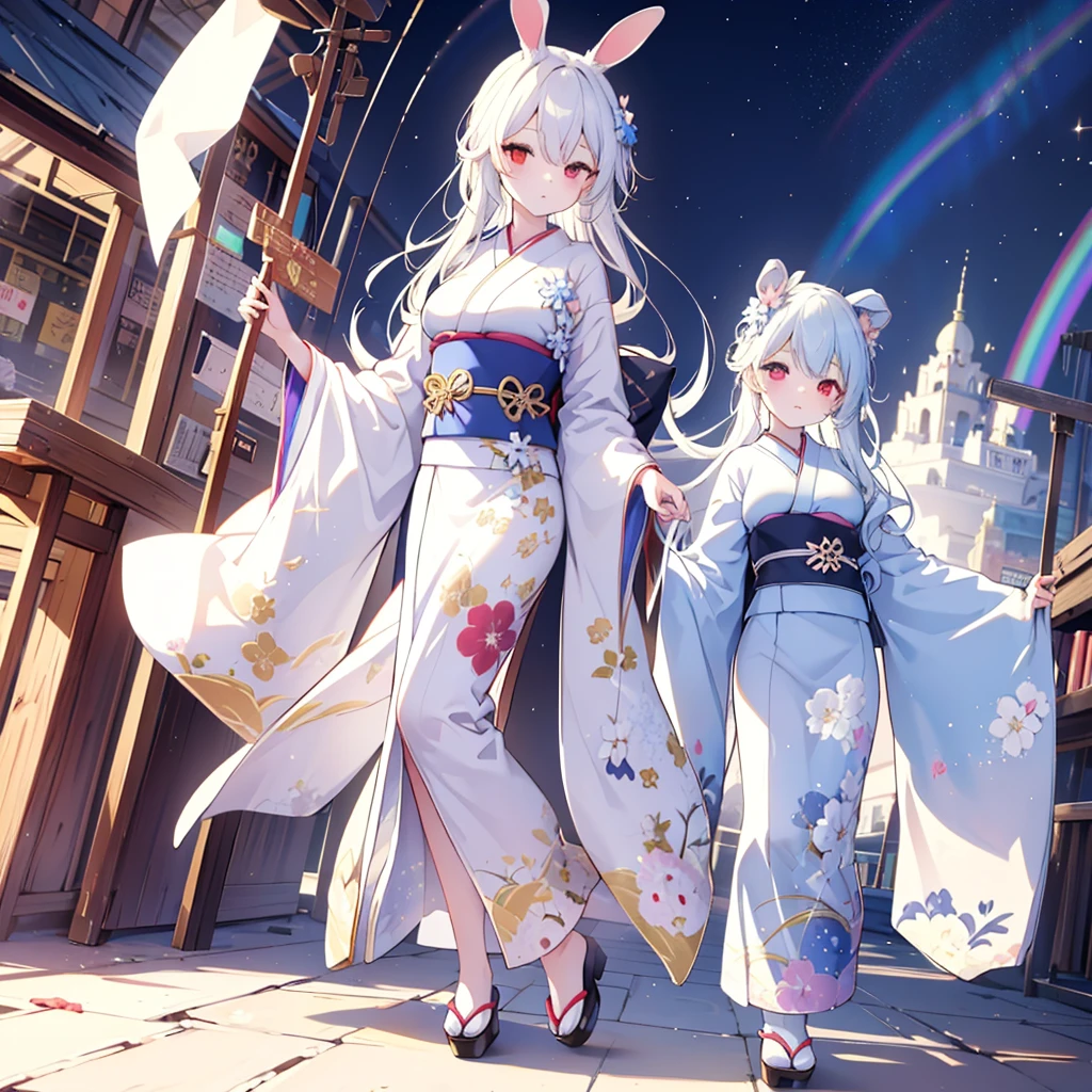 Hand Repair,Foot repair,masterpiece,8k,(((( 1 girl)))), beautiful girl,City Background,((((full body shot,very wide shot,Rabbit Ears,I'm hiding my ears with my hair)))),(((Perfect white hair, long hair))), ((((( rainbow heterochromia, Golden Eye Right Eye,Red Eye Left Eye , kimono,she wearing a blue color furisode,Big Breasts))))), facing forward 