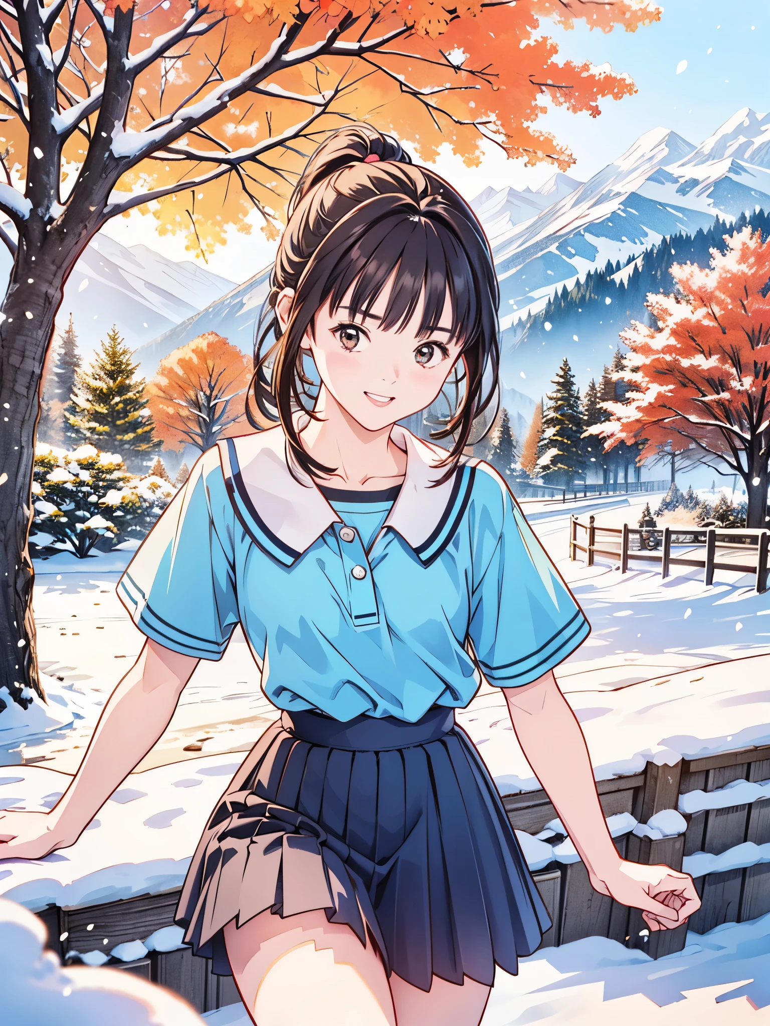 (8k、 top quality 、​masterpiece:1.2)、( realistic 、 ultra-detailed、 super A high resolution、 1 girl、、 beautiful detailed face、smile、narrow、( slim waist) :1.3)、Autumn Clothes、  、 skin texture、Floating Hair、  Professional Lighting  、Junior high school students服 人体全体、Brown Hair、Shy、Mikity、Tree Eyes、 romantic in the snow、Junior high school students、、Ponytail、 idol poses、In the mountains、