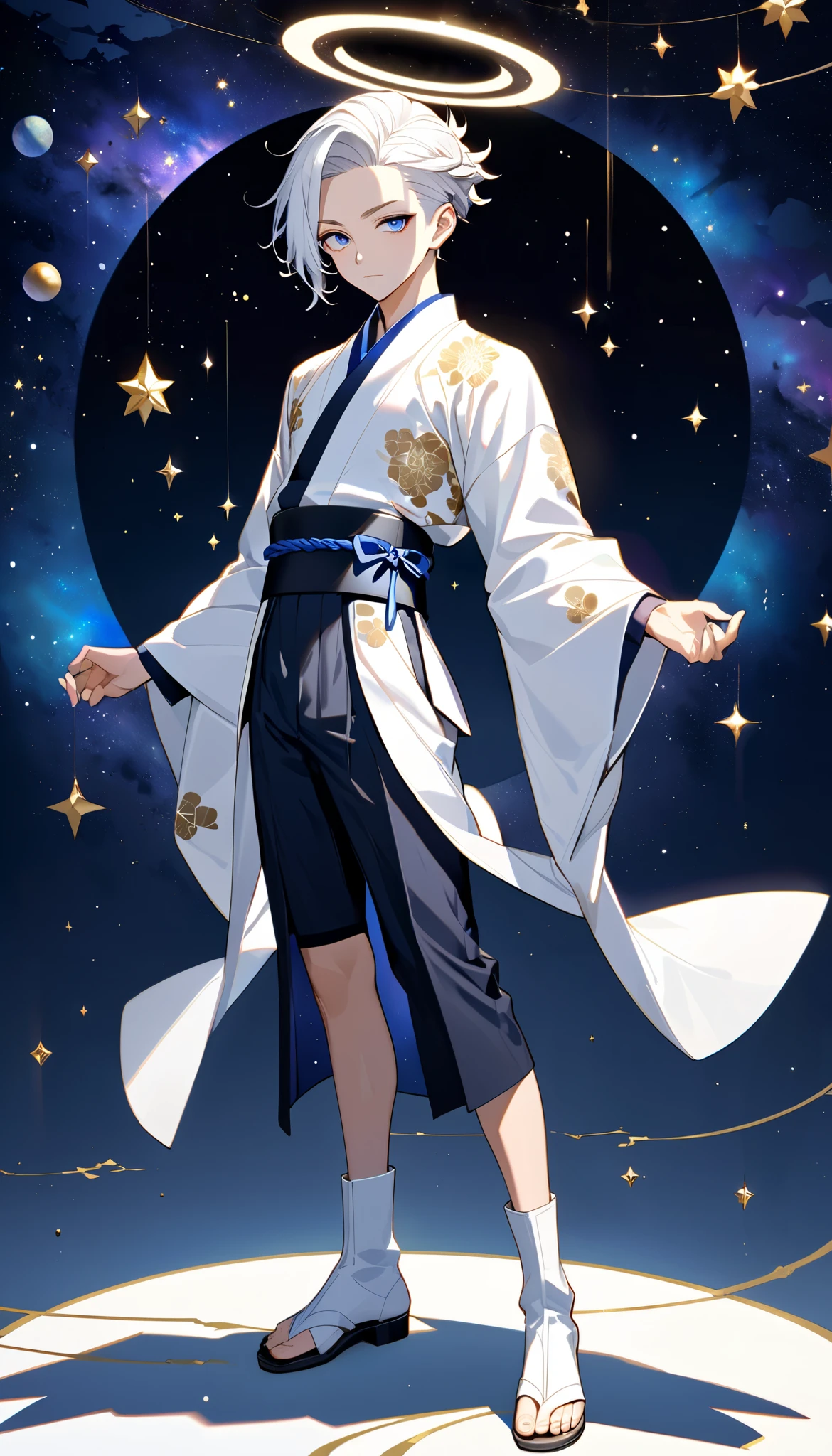Fresh illustration,
Ultra-fine drawing,
Very delicate illustration,
Very fine details,
One boy,
Full body,
Standing motionless,
Arms slightly open,
Height 158cm,
Fair skin,
Right eye is purple,
Left eye is blue,
Odd eyes,
Heterochromie iris,
Beautiful eyes,
Large black pupils,
Cleanly cut hairstyle,
Slicked back hairstyle,
Short hair,
Shiny hair,
Blue roots and white hair elsewhere,
Hair with a gradient,
Cute face,
Pretty face,
Shiny angel halo on the back of the head,
Raised eyebrows,
Upper body in kimono,
Upper body in traditional Japanese clothing,
Masculine build,
Six pack,
Very small breasts,
No breasts,
Lower body in Chinese dress,
Black obi,
Overall white clothing,
Gold Tasteful embroidery with thread,
Clothes made of high-quality fabric,
Jock straps,
Thigh straps,
Thigh straps digging into the skin,
White long boots,
Japanese-style toes,
Five fingers on hands and toes,
Thin waist,
Thin legs,
Isometric,
Golden ratio,
Divine atmosphere,
Wearing an indigo-colored stand-up collared inner,
Outer space,
Galaxy,
Countless small stars,
Tactical use of shadows,
Hairbands on head and hair do not extend beyond the frame,
Clothes do not extend beyond the frame,