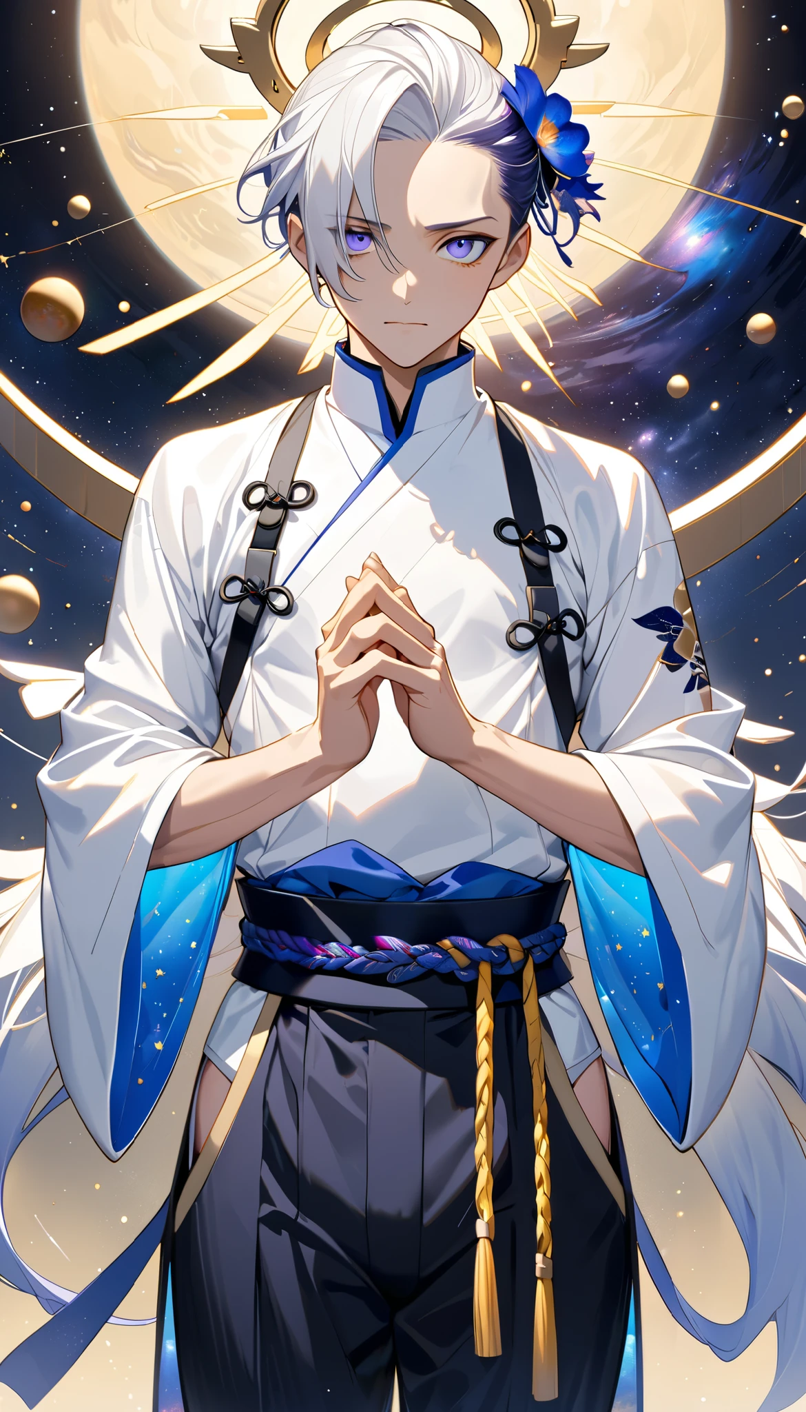 Fresh illustration,
Ultra-fine drawing,
Very delicate illustration,
Very fine details,
One boy,
Full body,
Standing motionless,
Arms slightly open,
Height 158cm,
Fair skin,
Right eye is purple,
Left eye is blue,
Odd eyes,
Heterochromie iris,
Beautiful eyes,
Large black pupils,
Cleanly cut hairstyle,
Slicked back hairstyle,
Short hair,
Shiny hair,
Blue roots and white hair elsewhere,
Hair with a gradient,
Cute face,
Pretty face,
Shiny angel halo on the back of the head,
Raised eyebrows,
Upper body in kimono,
Upper body in traditional Japanese clothing,
Masculine build,
Six pack,
Very small breasts,
No breasts,
Lower body in Chinese dress,
Black obi,
Overall white clothing,
Gold Tasteful embroidery with thread,
Clothes made of high-quality fabric,
Jock straps,
Thigh straps,
Thigh straps digging into the skin,
White long boots,
Japanese-style toes,
Five fingers on hands and toes,
Thin waist,
Thin legs,
Isometric,
Golden ratio,
Divine atmosphere,
Wearing an indigo-colored stand-up collared inner,
Outer space,
Galaxy,
Countless small stars,
Tactical use of shadows,
Hairbands on head and hair do not extend beyond the frame,
Clothes do not extend beyond the frame,