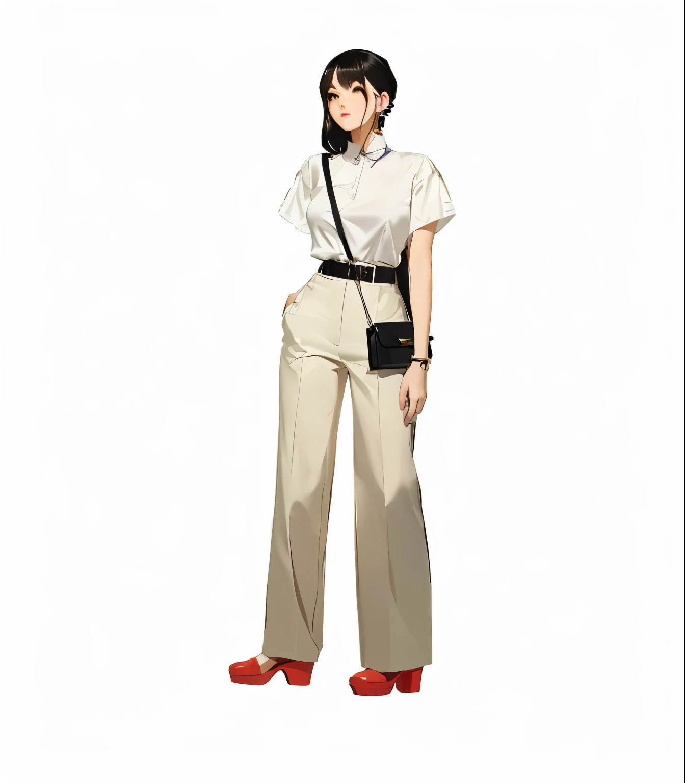 a woman in a white shirt and beige pants with a black purse, full body illustration, single character full body, anime full body illustration, zoomed out full body, outfit design, full body portrait of a short!, full body picture, full body single character, full body character, full body concept, full body!!, full body sprite