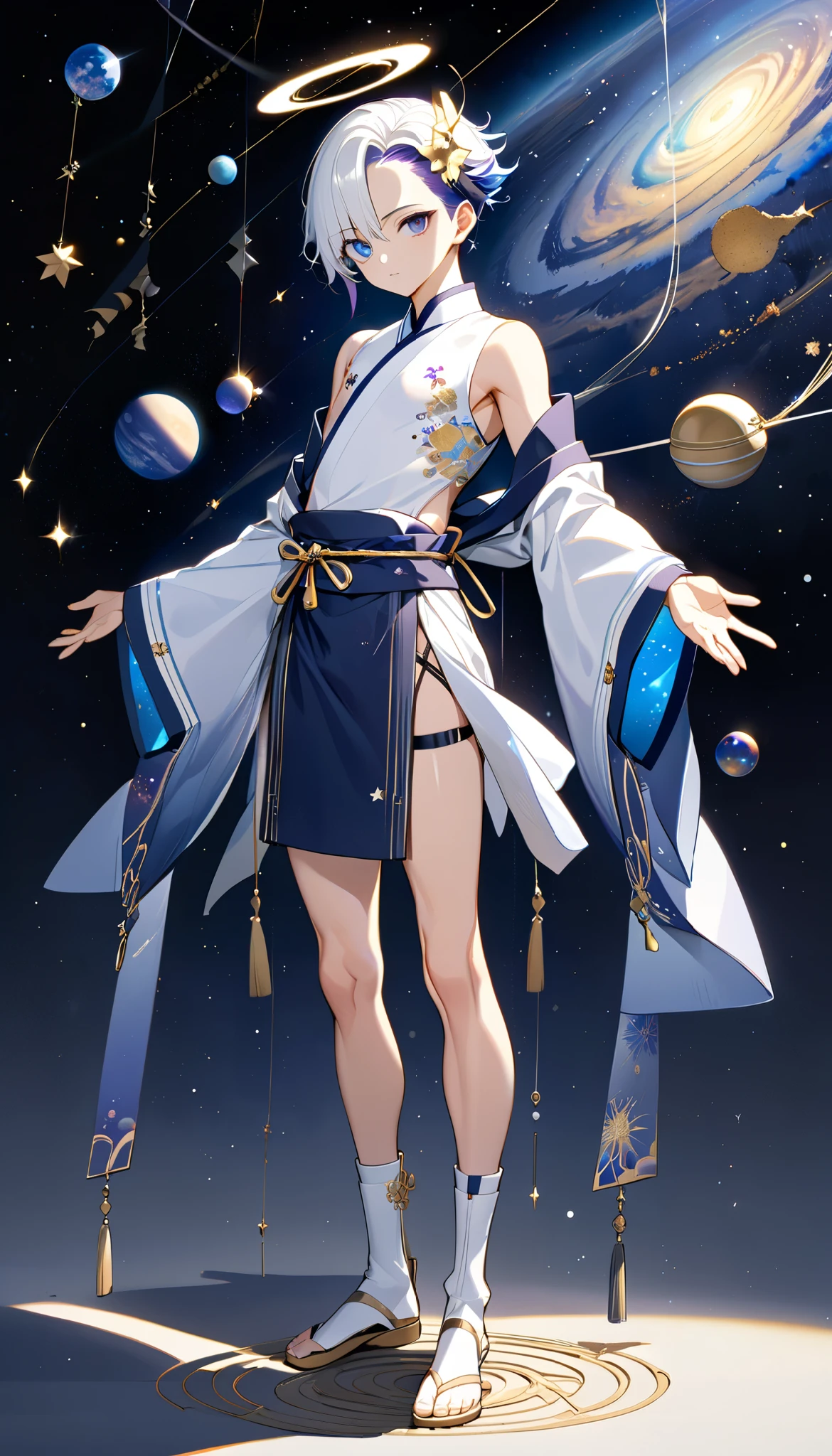 Fresh illustration,
Ultra-fine drawing,
Very delicate illustration,
Very fine details,
One boy,
Full body,
Standing motionless,
Arms slightly open,
Height 158cm,
Fair skin,
Right eye is purple,
Left eye is blue,
Odd eyes,
Heterochromie iris,
Beautiful eyes,
Large black pupils,
Cleanly cut hairstyle,
Slicked back hairstyle,
Short hair,
Shiny hair,
Blue roots and white hair elsewhere,
Hair with a gradient,
Cute face,
Pretty face,
Shiny angel halo on the back of the head,
Raised eyebrows,
Upper body in kimono,
Upper body in traditional Japanese clothing,
Masculine build,
Six pack,
Very small breasts,
No breasts,
Lower body in Chinese dress,
Black obi,
Overall white clothing,
Gold Tasteful embroidery with thread,
Clothes made of high-quality fabric,
Jock straps,
Thigh straps,
Thigh straps digging into the skin,
White long boots,
Japanese-style toes,
Five fingers on hands and toes,
Thin waist,
Thin legs,
Isometric,
Golden ratio,
Divine atmosphere,
Wearing an indigo-colored stand-up collared inner,
Outer space,
Galaxy,
Countless small stars,
Tactical use of shadows,
Hairbands on head and hair do not extend beyond the frame,
Clothes do not extend beyond the frame,