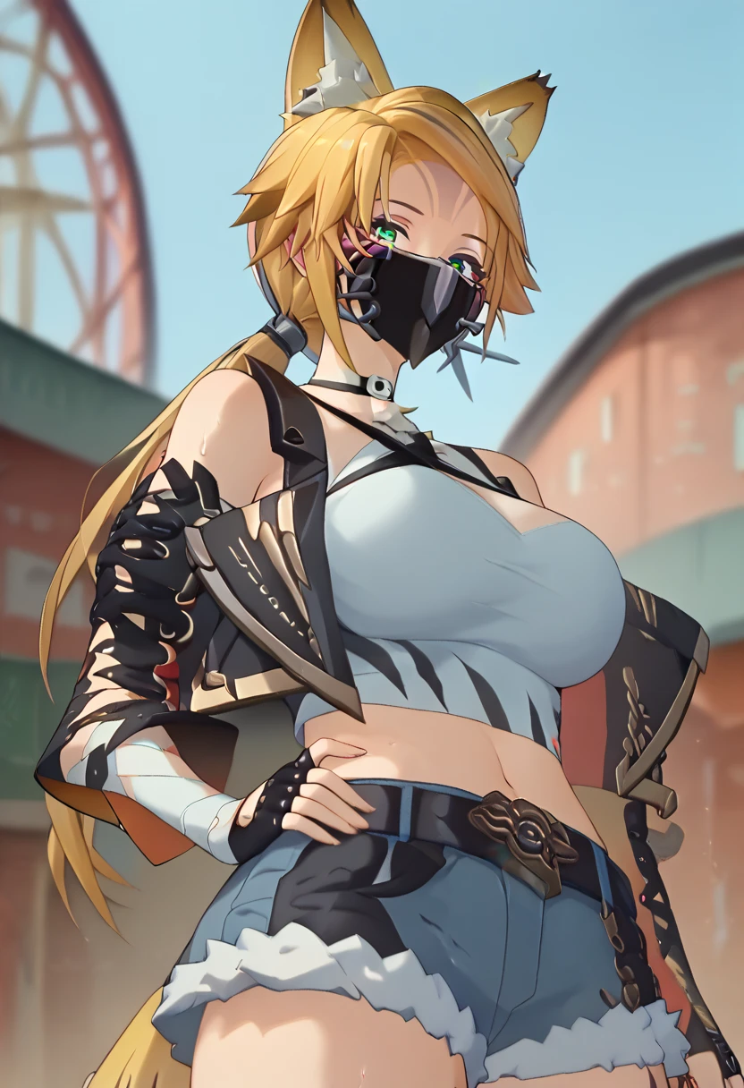 score_9, score_8_ up, score_7_ up,  1 girl , Alone,kjoPulchra ,  Beast Man,A woman whose whole body is hairy,  animal ears , Tail, Blonde,  green eyes,  long hair, low ponyTail,  mask ,  halterneck,  tank top ,  strap ,   Detached Sleeve , 機械的な mask , leather jacket ,  Denim Shorts , Fingerless Gloves ,  Hand On Own Hips  ,  viewers sweat a lot, from below, cowboy western , Wild West, town, 
( beautiful, Big Breasts:1.2),