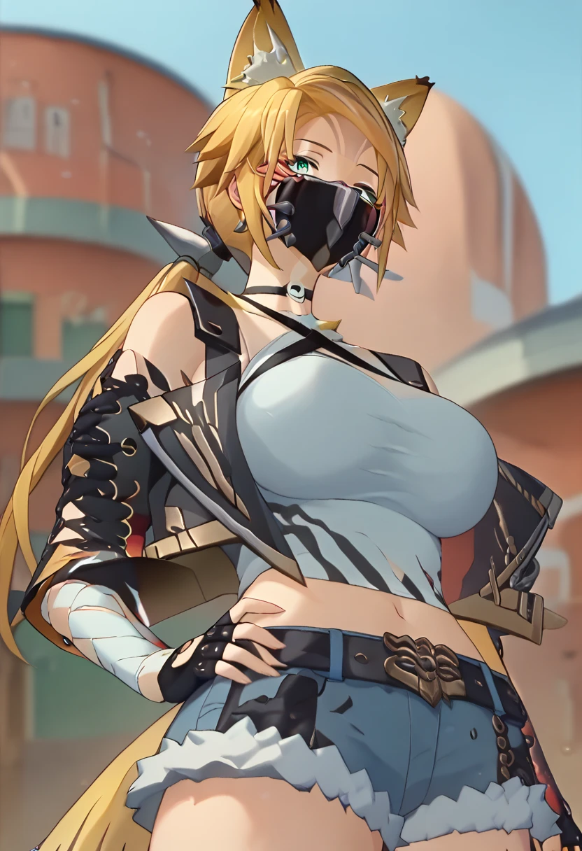 score_9, score_8_ up, score_7_ up,  1 girl , Alone,kjoPulchra ,  Beast Man,A woman whose whole body is hairy,  animal ears , Tail, Blonde,  green eyes,  long hair, low ponyTail,  mask ,  halterneck,  tank top ,  strap ,   Detached Sleeve , 機械的な mask , leather jacket ,  Denim Shorts , Fingerless Gloves ,  Hand On Own Hips  ,  viewers sweat a lot, from below, cowboy western , Wild West, town, 
( beautiful, Big Breasts:1.2),