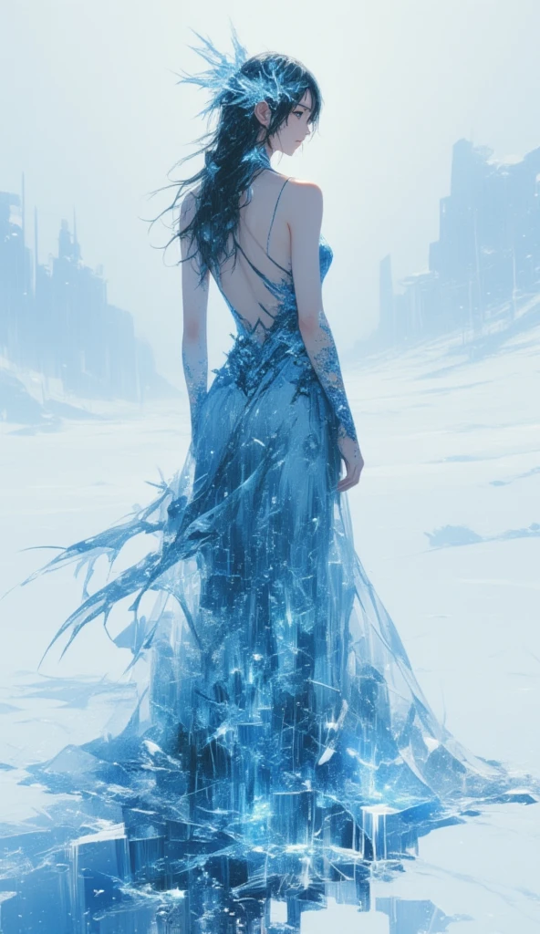 double exposure of a woman dressed in a backless dress, the dress is the canvas of that paint the ice kingdom