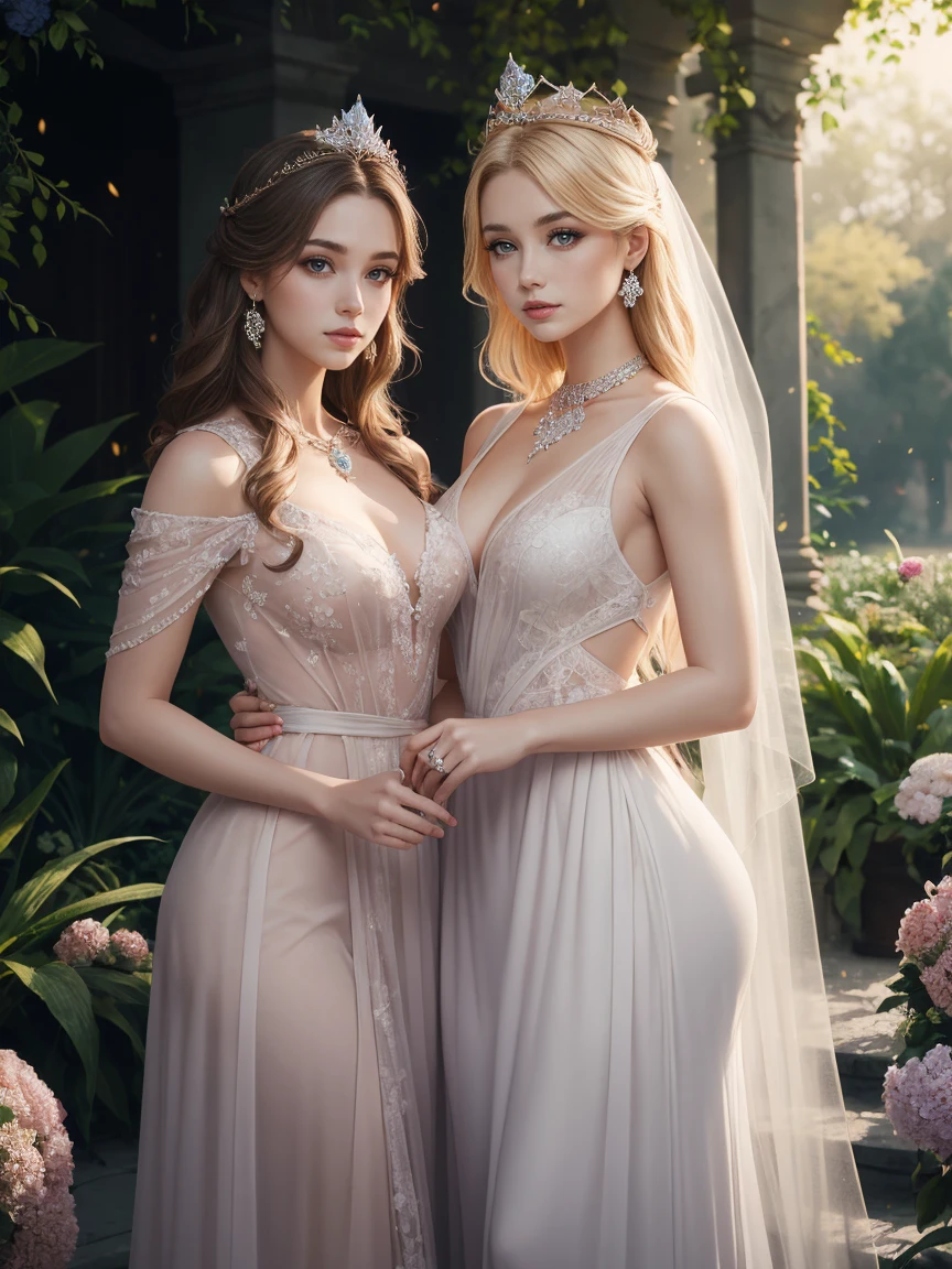 two girl in tight rope bondage,(bright lighting,romantic setting),dreamy background,bondage,dark hair, mesmerizing gaze, , soft skin, alluring beauty, artistic portrait, high-quality image, vibrant colors, long silk gown, in the bed, mosquito net