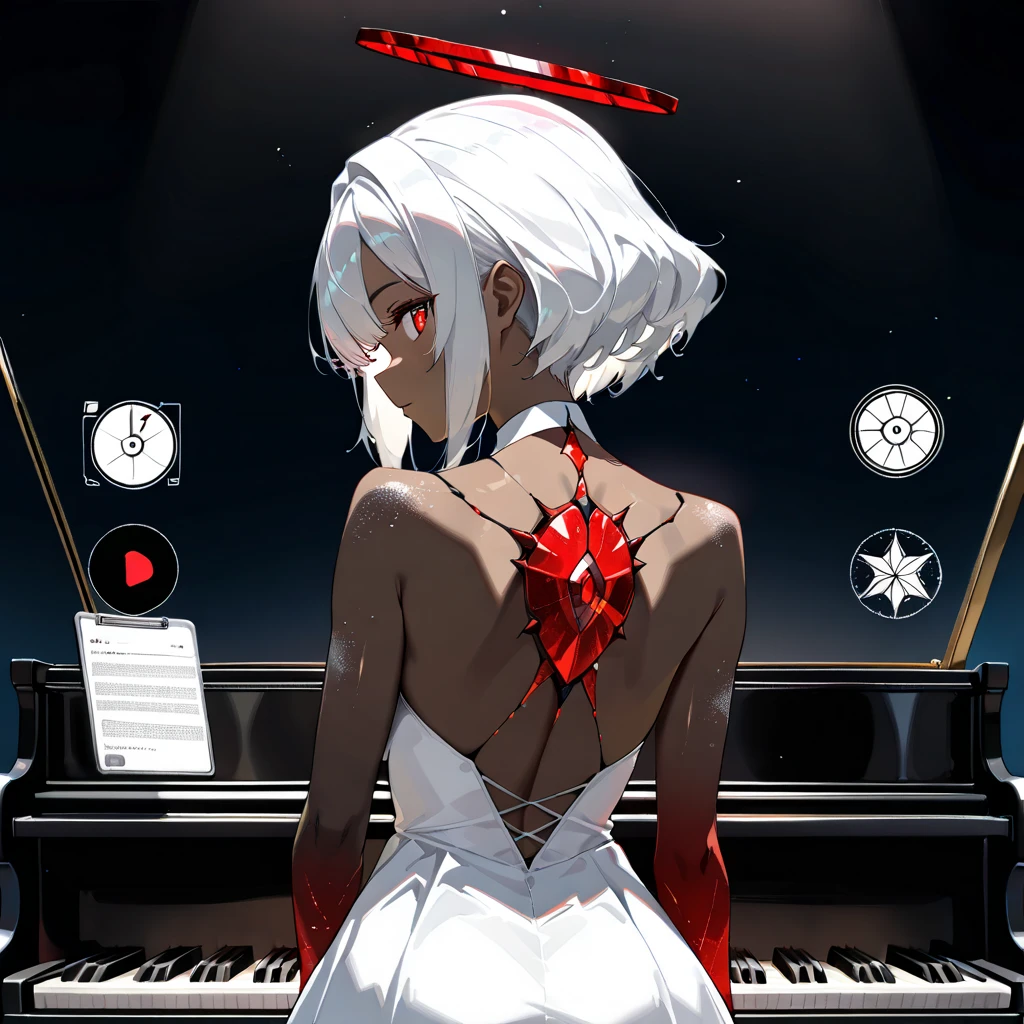 ((UHD, masterpiece:1.3, anatomically correct, textured skin, super detail, high details, best quality, highres icon, Detailed and precise manual expression:1.3,  Incredibly Absurd )), 1woman\Beautiful white hair\Ruby-red eyes, Voluptuous body line\Brown skin shining in the light\, A dress with a wide open back\white, back, Playing the piano