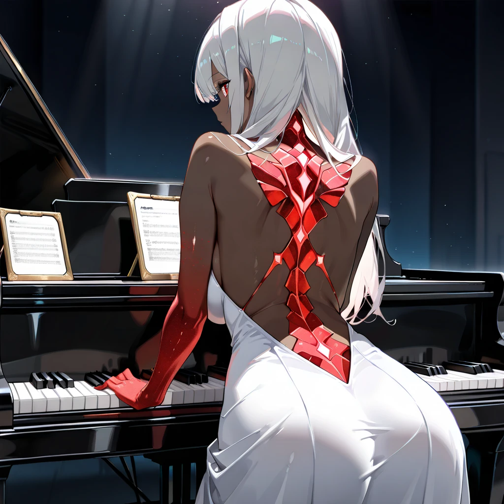 ((UHD, masterpiece:1.3, anatomically correct, textured skin, super detail, high details, best quality, highres icon, Detailed and precise manual expression:1.3,  Incredibly Absurd )), 1woman\Beautiful white hair\Ruby-red eyes, Voluptuous body line\Brown skin shining in the light\, A dress with a wide open back\white, back, Playing the piano