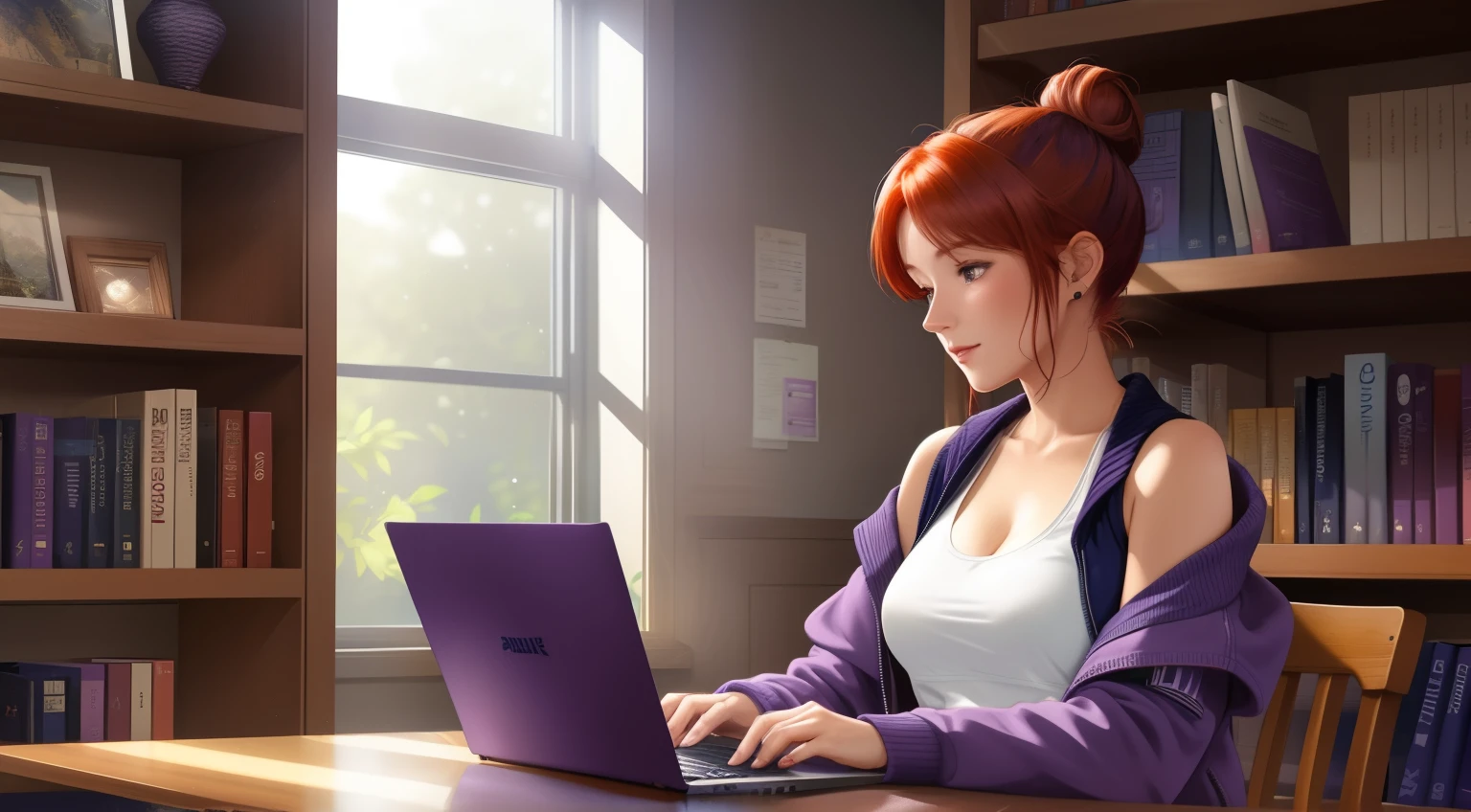 "A woman with auburn hair tied in a messy bun with purple highlights is seated at a wooden table in a library, her laptop open in front of her. She wears a white tank top under a navy-blue zip-up jacket. Bookshelves filled with volumes surround her, and soft, warm lighting creates an academic yet cozy atmosphere."