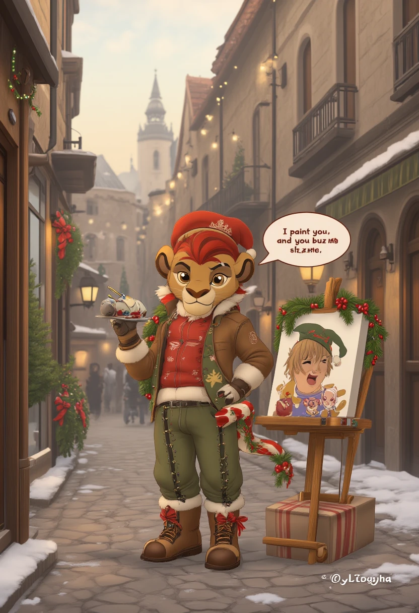 Photograph of handsome antropomorphic lion boy (((Kion))), dressed in Christmas decorated and extravagant warm winter clothes and a beret on his head, stands on a cobblestone street in old town by a painting stand like a wandering painter, offering to paint people's portraits for a fee. In one hand he holds a donation tray and in the other a brushes with dripping paint. A text bubble reads "I paint you and you buzz me." 