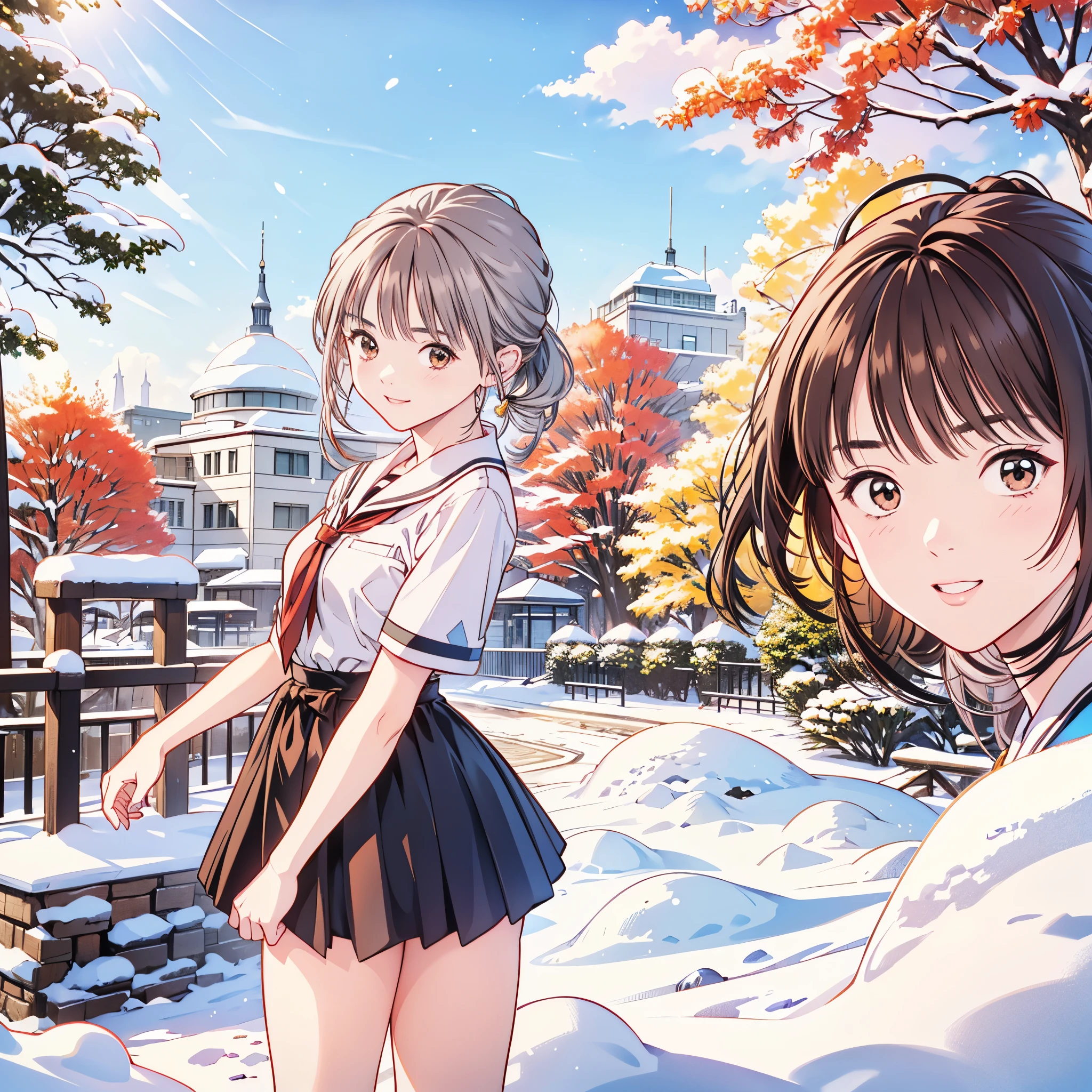 (8k、 top quality 、​masterpiece:1.2)、( realistic 、 ultra-detailed、 super A high resolution、 2 girls in 2、(One person has silver hair 、一人はBrown Hair )、 beautiful detailed face、smile、narrow、( slim waist) :1.3)、Autumn Clothes、  、 skin texture、Floating Hair、  Professional Lighting  、***************************服 人体全体、Brown Hair、Shy、Mikity、 romantic in the snow、((****** high ***************、、Ponytail、 idol poses))、