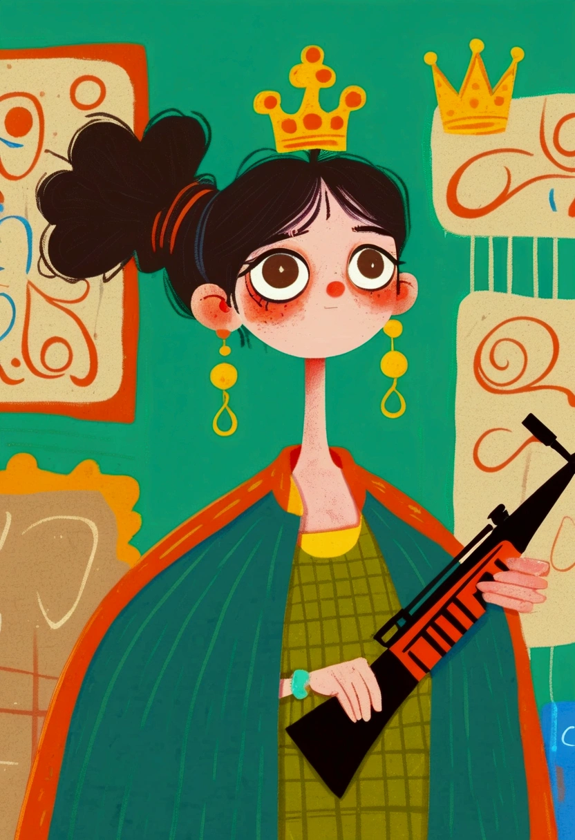 ( cartoon graffiti style :1.2), Vector illustration， Catherine the Great ， medieval general wearing ， double breasted green military uniform ，Wearing a crown， holding an assault rifle ， standing in front of a graffiti-style background {x}, Comic Art， adding whimsy to the scene , 1xhsn1， Ultra HD動畫，Beautiful animation ，neon，( Liquid Light Background )，( Ultra HD, masterpiece,  accurate,   Anatomically correct ,  textured skin ,  Super detailed , high detail, The award-winning,  Best Quality , 8K)