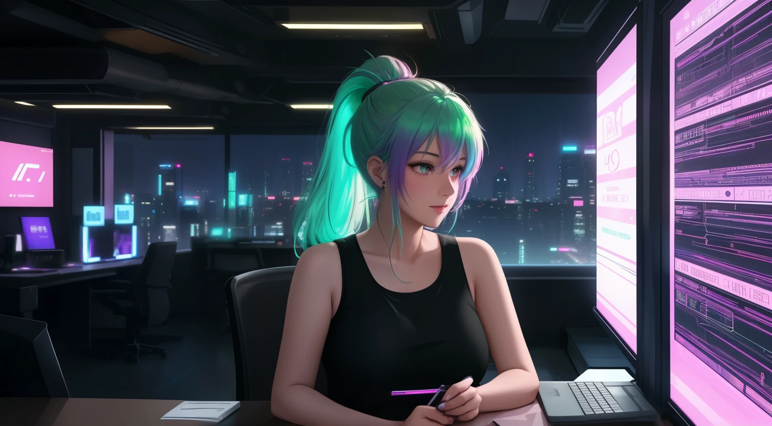 "A woman with green hair tied in a ponytail is sitting in front of a computer, her hands actively typing on the keyboard as she focuses intently on coding. She is wearing a pink tank top and black leggings, her posture relaxed yet engaged, reflecting her deep concentration. The desk holds a steaming cup of coffee, a pen holder, and neatly organized notebooks, while the computer screen emits a soft glow that highlights her determined expression. The background reveals a vibrant cyberpunk cityscape through a large window, with neon lights in shades of purple, blue, and pink illuminating towering skyscrapers adorned with holographic billboards and glowing advertisements. Flying vehicles streak across the sky, leaving shimmering trails of light. The room is bathed in a blend of the screen's glow and the neon ambiance outside, creating a futuristic, high-tech atmosphere. The sheer curtains sway gently from a cool breeze, adding a sense of motion to the serene yet dynamic scene."