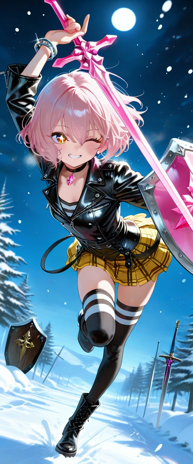 (masterpiece, best quality, amazing quality, very aesthetic, absurdres, newest:1), masterpiece,best quality,amazing quality,medium hair,light pink hair, ((bob cut)),strong wavy hair ,hair between eyes ,gold eyes,sparkling eyes ,wink,grin,loli face,small breasts, a slender body, petite,(wearing gothicpunk),black leather jacket,(yellow Tartan miniskirt), black choker,silver bracelet,(black & white striped thigh-high socks),short boots,full body, sword and shield ,pink crystal sword,crystal shield ,jump,dynamic angle,dynamic pose,acrobatic pose,snow,night,