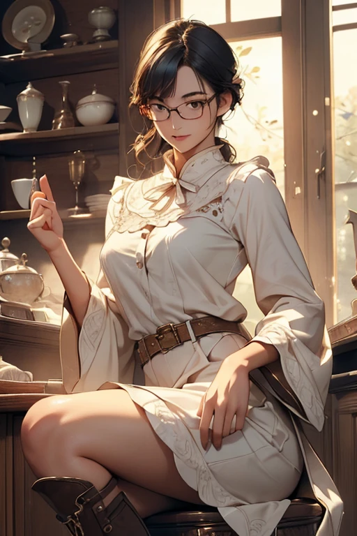 (( top quality )), ((傑 top quality 、masterpiece、High sensitivity、 high res、 detailed depiction 、 delicate face depiction )),Slender woman、Glasses、 western boots 、Crouch down、A gesture of beckoning、