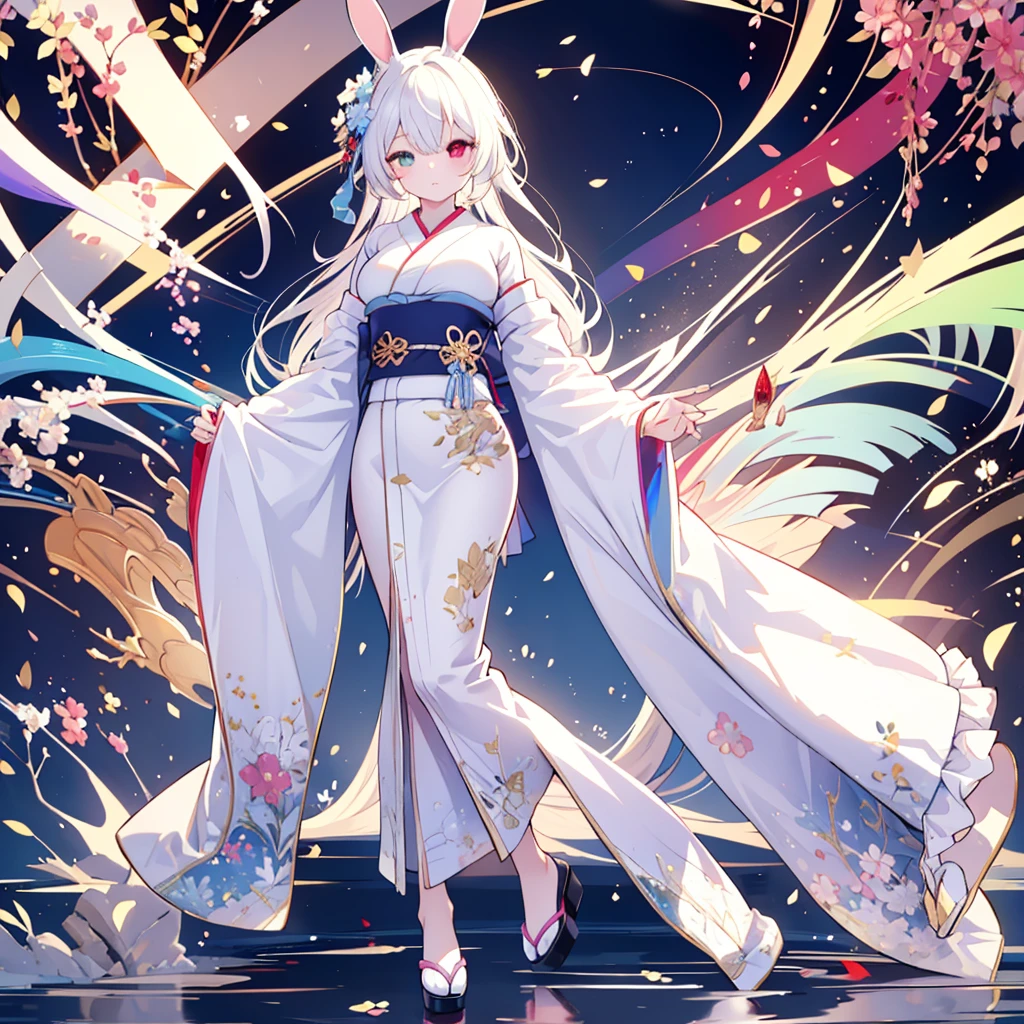 Hand Repair,Foot repair,masterpiece,8k,(((( 1 girl)))), beautiful girl,City Background,((((full body shot,very wide shot,Rabbit Ears,I'm hiding my ears with my hair)))),(((Perfect white hair, long hair))), ((((( rainbow heterochromia, Golden Eye Right Eye,Red Eye Left Eye , kimono,she wearing a blue color furisode,Big Breasts))))), facing forward 