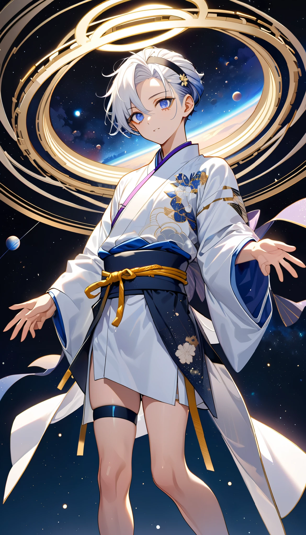 Fresh illustration,
Ultra-fine drawing,
Very delicate illustration,
Very fine details,
One boy,
Full body,
Standing motionless,
Arms slightly open,
Height 158cm,
Fair skin,
Right eye is purple,
Left eye is blue,
Odd eyes,
Heterochromie iris,
Beautiful eyes,
Large black pupils,
Cleanly cut hairstyle,
Slicked back hairstyle,
Short hair,
Shiny hair,
Blue roots and white hair elsewhere,
Hair with a gradient,
Cute face,
Pretty face,
Shiny angel halo on the back of the head,
Raised eyebrows,
Upper body in kimono,
Upper body in traditional Japanese clothing,
Masculine build,
Six pack,
Very small breasts,
No breasts,
Lower body in Chinese dress,
Black obi,
Overall white clothing,
Gold Tasteful embroidery with thread,
Clothes made of high-quality fabric,
Jock straps,
Thigh straps,
Thigh straps digging into the skin,
White long boots,
Japanese-style toes,
Five fingers on hands and toes,
Thin waist,
Thin legs,
Isometric,
Golden ratio,
Divine atmosphere,
Wearing an indigo-colored stand-up collared inner,
Outer space,
Galaxy,
Countless small stars,
Tactical use of shadows,
Hairbands on head and hair do not extend beyond the frame,
Clothes do not extend beyond the frame,