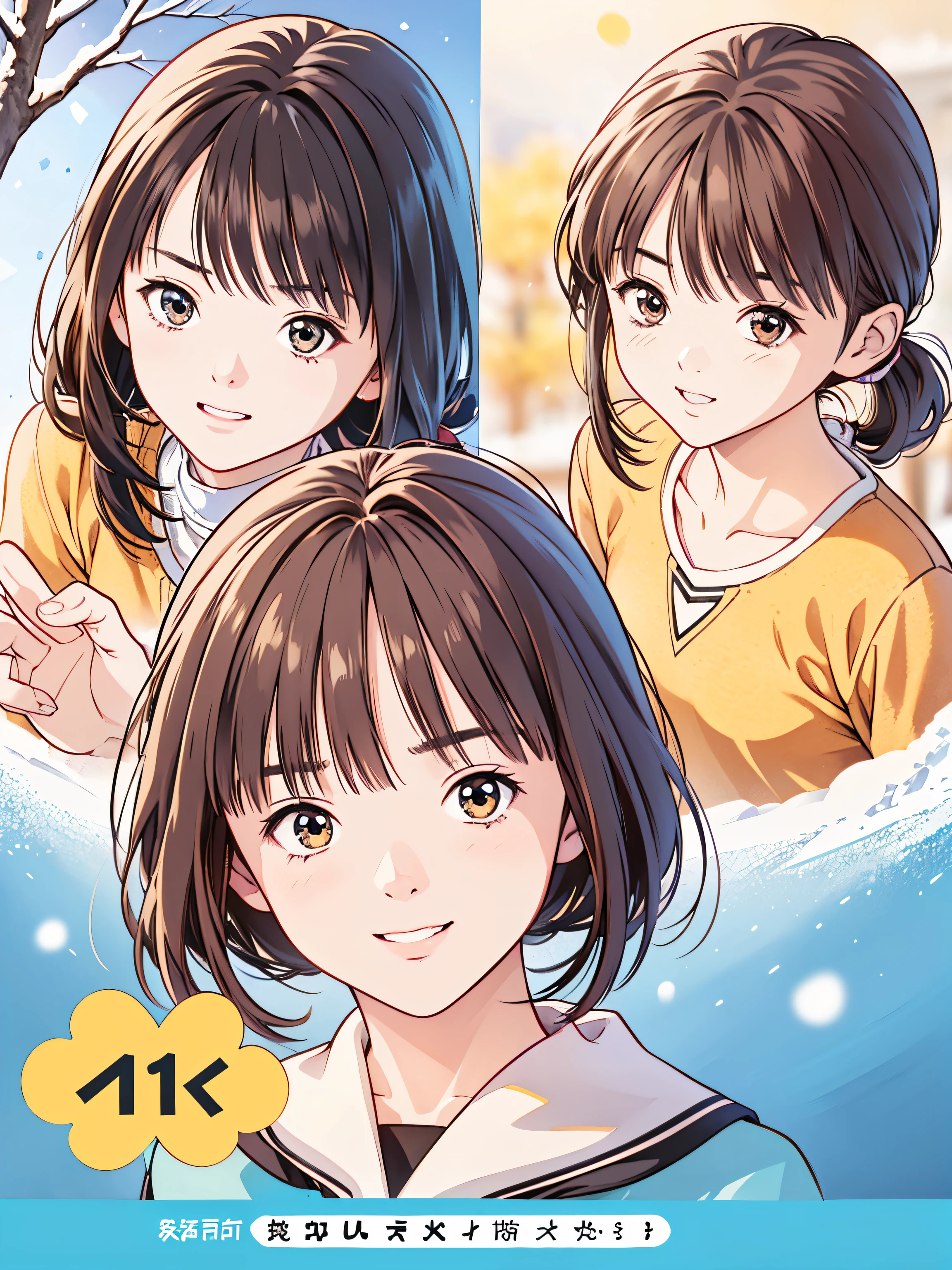 (8k、 top quality 、​masterpiece:1.2)、( realistic 、 ultra-detailed、 super A high resolution、 1 girl、、 beautiful detailed face、smile、narrow、( slim waist) :1.3)、Autumn Clothes、  、 skin texture、Floating Hair、  Professional Lighting 、Junior high school students suit overall body、((Brown Hair、Shy、Mikity))、 romantic in the snow、((Junior high school students、、Ponytail、 idol poses))、cool、Tree Eyes、School、