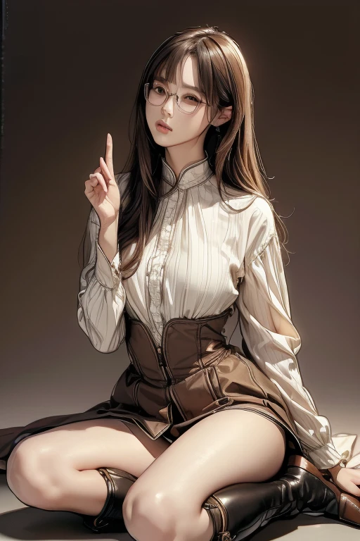 (( top quality )), ((傑 top quality 、masterpiece、High sensitivity、 high res、 detailed depiction 、 delicate face depiction )),Slender woman、Glasses、 western boots 、Crouch down、A gesture of beckoning、
