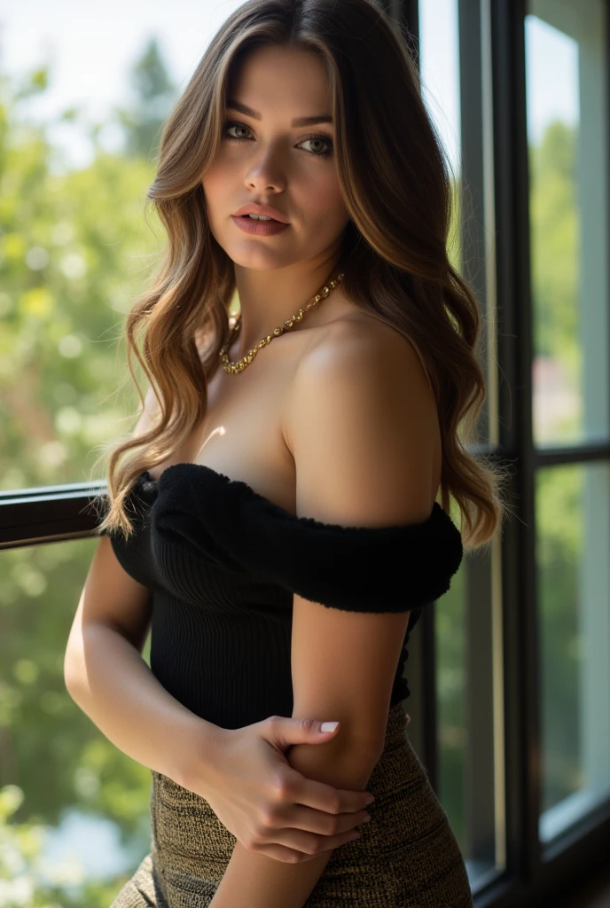 Kira Hope with long brown hair and blue eyes, thick eyebrows, big width lips, in the style of precisionist, wavy, textural layering, flattering lighting, effortlessly chic,
