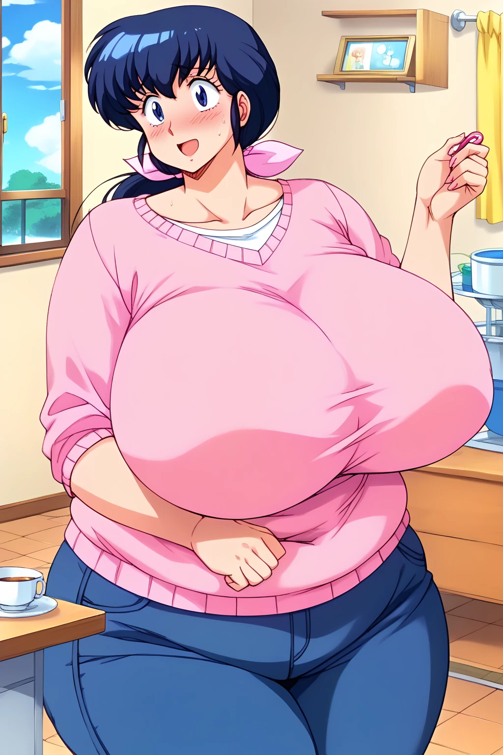 Otonashi Kyoko, Kyoko Otonashi,  long hair, 紺色の髪,low ponytail, pink barrette ribbon, Dark blue eyes,  pink sweater, Blue jeans,  shirt with white collar , living room,milf,,blush,  troubled expression, embarrassed expression,Super huge breasts, ((( super huge clevis、Super huge, Super huge boob))),huge saggy tits , Sloppy belly fat,Obese middle-aged woman,  score_9, score_8_ up、 score_7_ up、 score_6_ up、 score_5_ up、 score_4_ up、 Masterpiece 、 top quality 、 very aesthetic、 absurd, source ,  anime screencap, one woman、Alone、 personal , Curvy、chubby, chubby, Severe obesity、