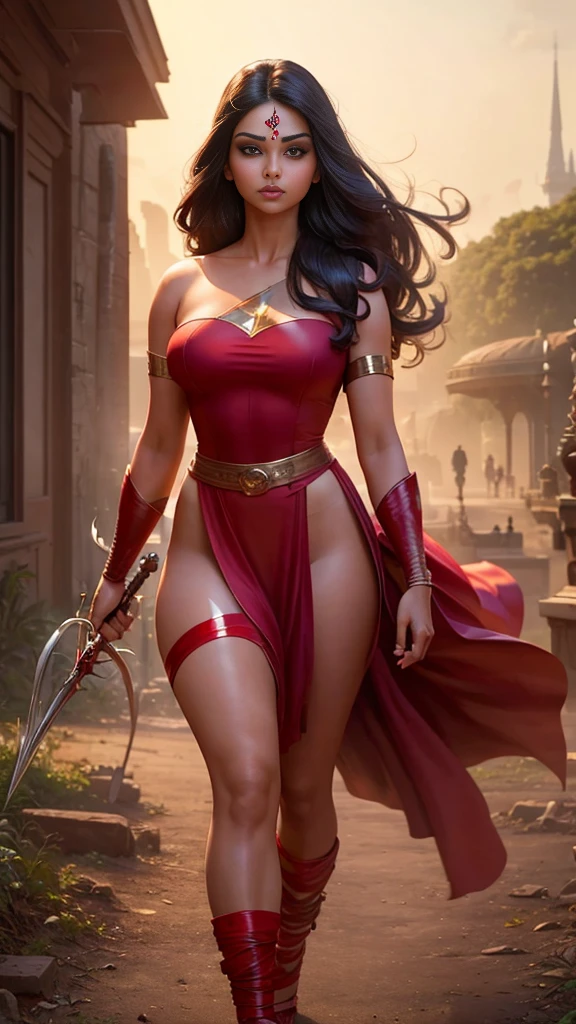 (( top quality)), ((masterpiece)), (detail), heavenly beauty Aishwarya , perfect facial detail , curvy full body , Beautiful legs, superhero ,Elektra , epic, movie 