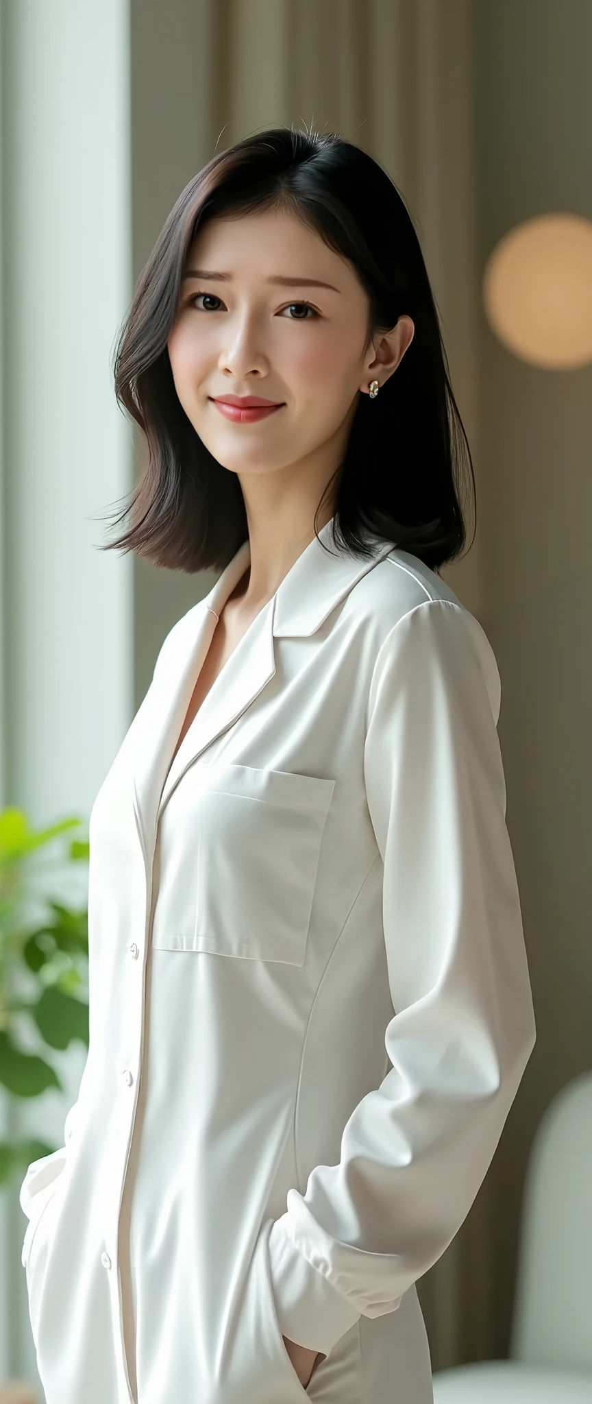 masutepiece, Best Quality, 超A high resolution,(photographrealistic:1.4) (depth of fields),(Lens Glow) , jaket:1.5、Inside the office:1.5、a Pretty Japanese woman1a person:1.5、(Workwear Pants:1.5)、turned around、(White workwear:1.5)、posterior view、Shy smile