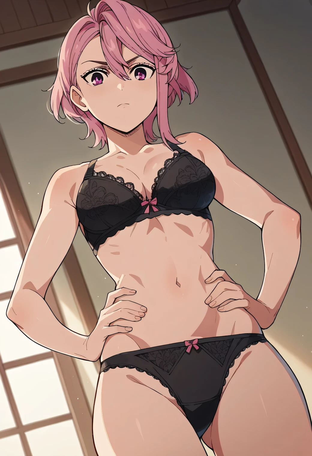 score_9, score_8_up, score_7_up, source_anime, aira shiratori, short hair, bangs, hair between eyes, pink hair, pink eyes, medium breasts, black lace bra, black lace panties, medium breasts:1.3, looking at viewer,  standing, hands on hip, dutch angle