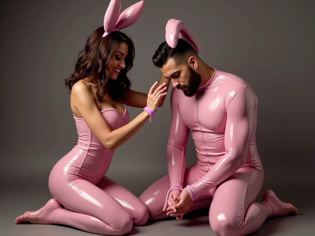 One man (30 years old) tall is making out with another man (2) little bit smaller in a bunny suit