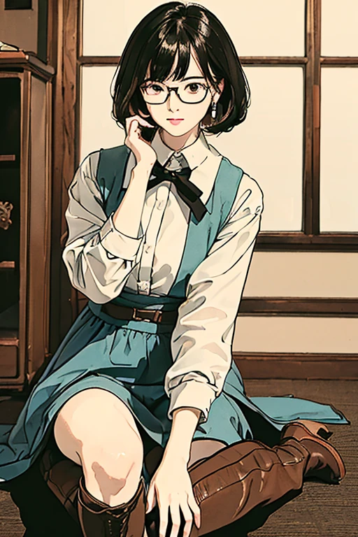 (( top quality )), ((傑 top quality 、masterpiece、High sensitivity、 high res、 detailed depiction 、 delicate face depiction )),Slender woman、Glasses、 western boots 、Crouch down、A gesture of beckoning、
