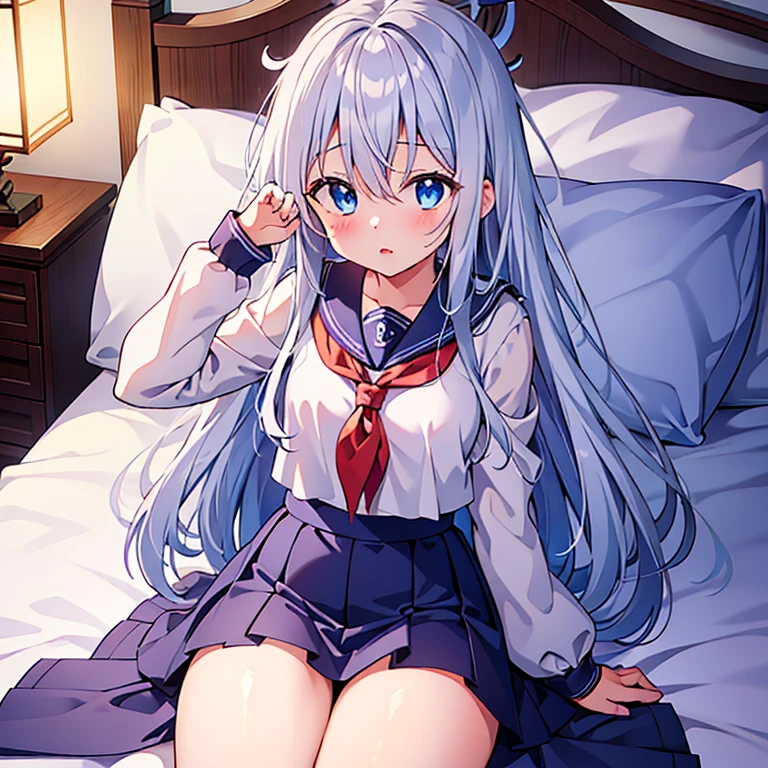 (( top quality )), ((masterpiece)), (  Details), ( super high res)、 Hibiki Fleet Collection、
 long hair、 blue eyes、blush、 hair between eyes 、 sailor suit、 gray hair、White Hair、Anchor Symbol 、
perfect face、Perfect Hair、超 Detailsな瞳、超 Detailsな肌、
 Japanese in white underwear 、walliza、 looks up at the 、
 Camera from Above 、
 are expressionless、Sleepy eyes、 close your mouth、
bedroom、 professional lighting、