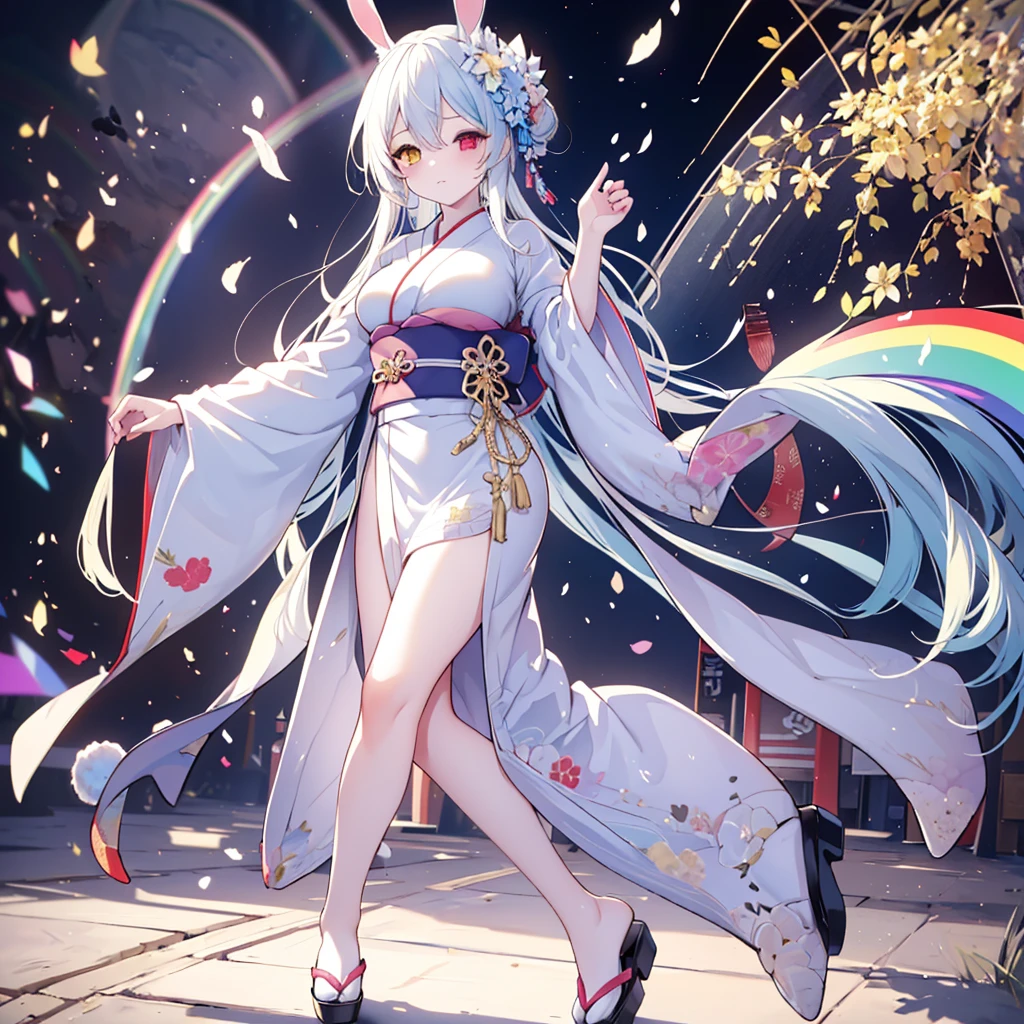 Hand Repair,Foot repair,masterpiece,8k,(((( 1 girl)))), beautiful girl,City Background,((((full body shot,very wide shot,Rabbit Ears,I'm hiding my ears with my hair)))),(((Perfect white hair, long hair))), ((((( rainbow heterochromia, Golden Eye Right Eye,Red Eye Left Eye , kimono,she wearing a blue color furisode,Big Breasts))))), facing forward 