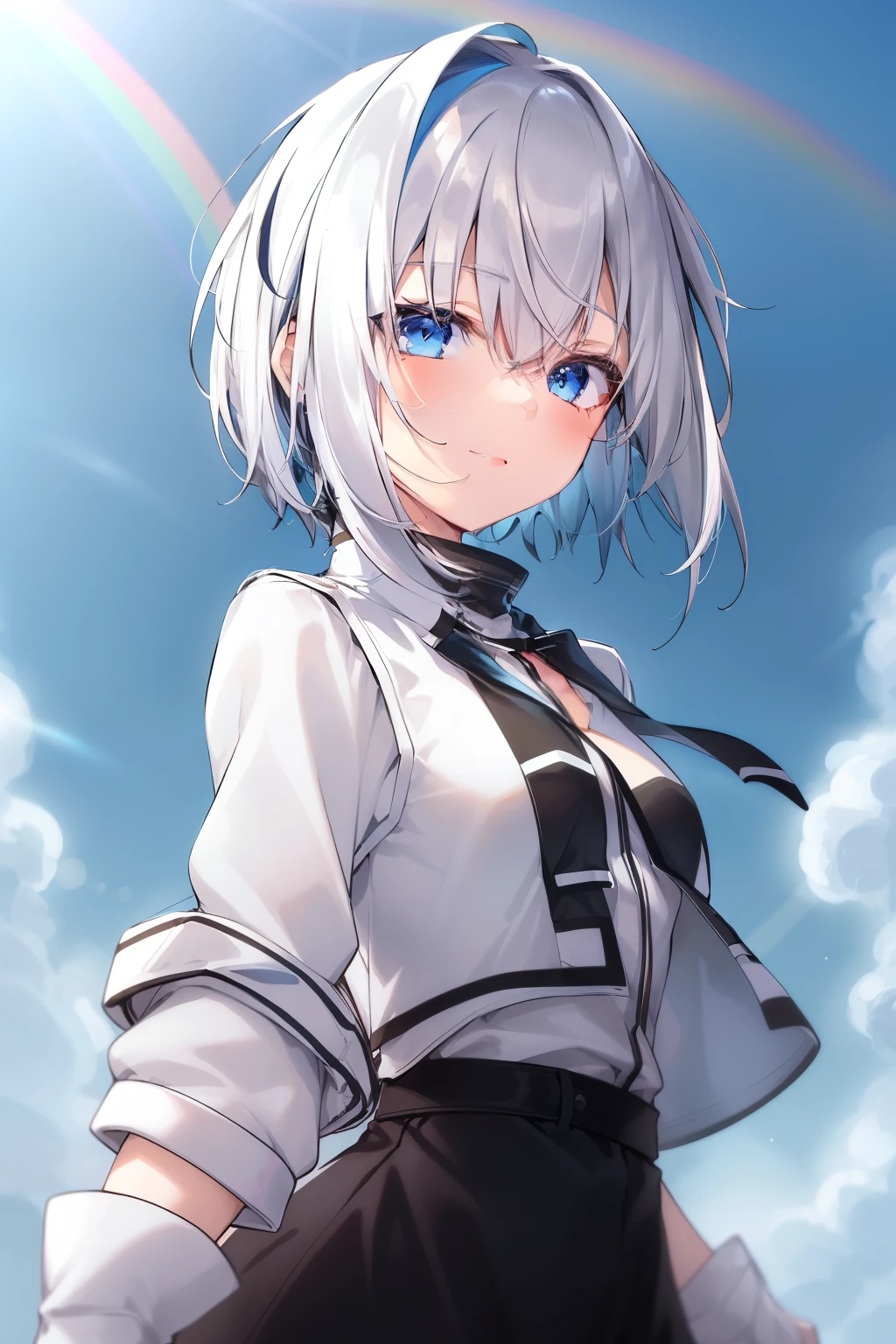 (Masterpiece), (Top quality), 1 girl, upper body, happy, backlit, _style, white hair, neon palette, shading, rainbow, short hair, light blue eyes, white skin, black jacket, small breasts, simple white background , black miniskirt, pretty face, facing forward