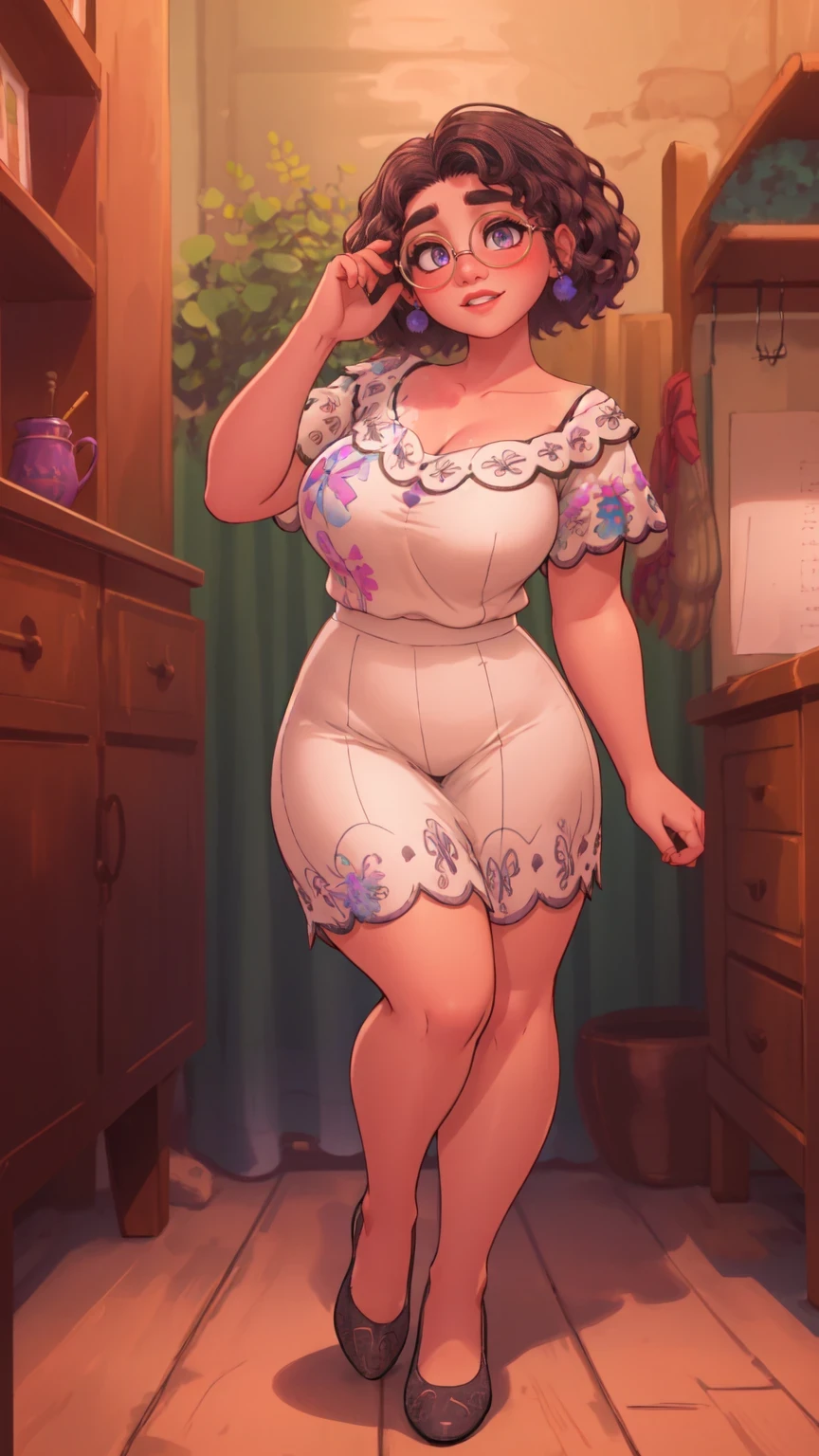 Madrigal de Mirabel,  lunettes, sourire, ((secretary clothes)), home, (((peau brune))), detailed skin, jambes parfaites, cuisses parfaites, (((Curvy Body))), gros seins, 