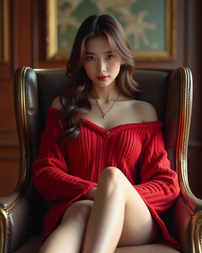 Beautiful，Glaring，Red lipstick，Bare legs