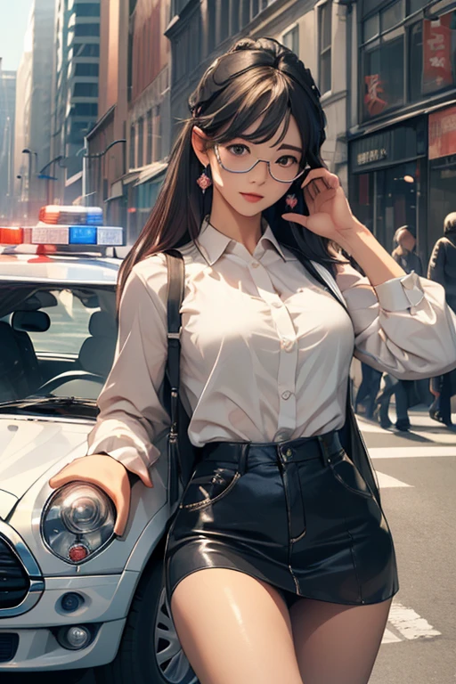 (( top quality )), ((傑 top quality 、masterpiece、High sensitivity、 high res、 detailed depiction 、 delicate face depiction )),Slender woman、Glasses、 miniskapolis、mini police car 、
