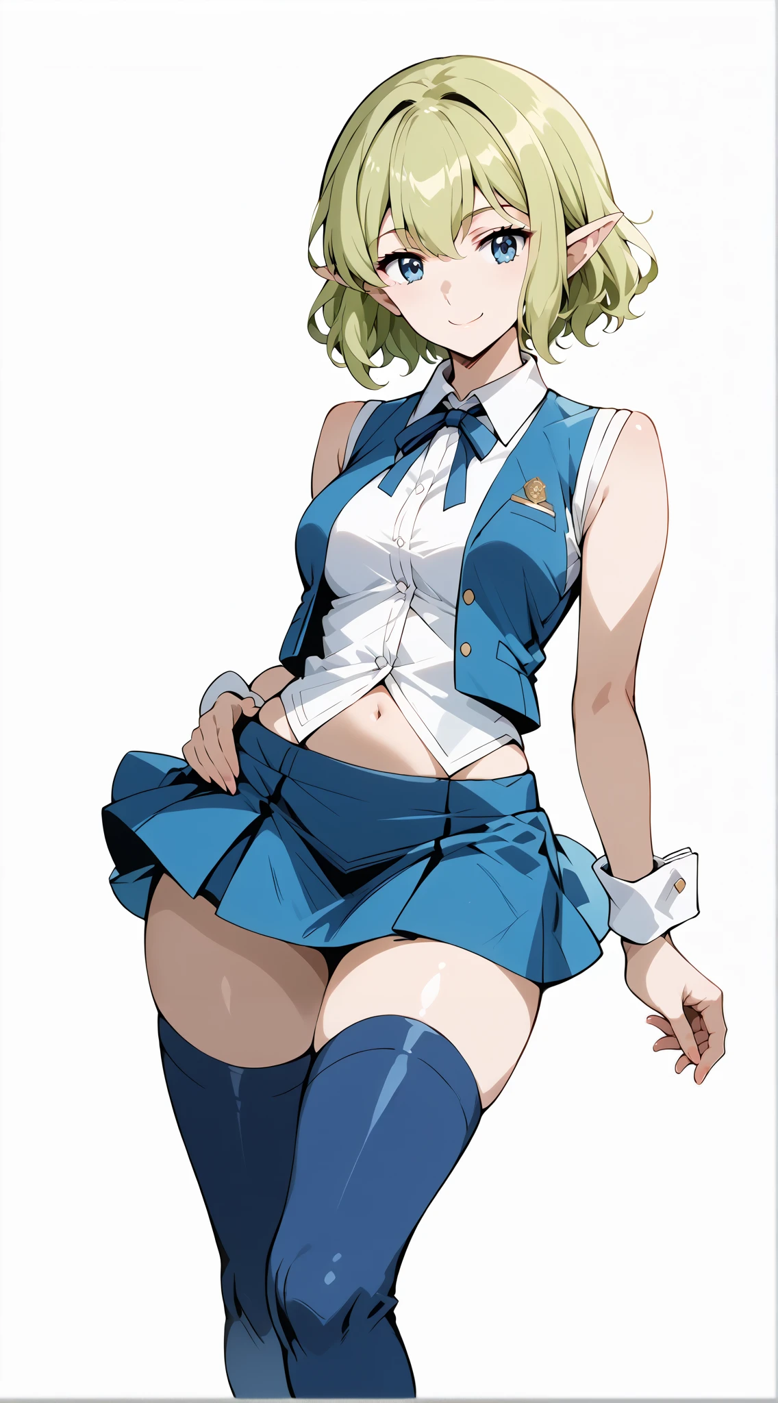 score_9, score_8_up, score_7_up, source_anime, 4K,perfect fingers,(perfect hands, perfect anatomy),prefect lighting, very aesthetic, intricate details,highly detailed background, masterpiece, high quality, best quality,
1girl, ryuu, green hair, Medium Breast,
wearing ((white shirt,blue vest,sleeveless,blue thighhighs,blue skirt,wrist cuffs,neck ribbon,midriff)),,
looking at the spectator, filed, hand on hip, high thigh individual , (large breasts:0.9),Stand up,fullbody,((White plain background:1.5)) ,smile,Arms Behind Back,