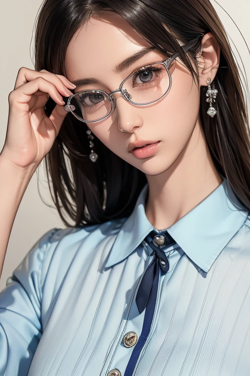 (8k、Raw photo、highest quality、masterpiece:1.2)、(Realistic、Photorealistic:1.37)、Ultra-detailed、超A high resolution、1 girl、Seeing the viewer、Beautifully detailed face、Laughter、narrow、(Narrow waist) :1.3)、((Blue shirt clothes))、Beautifully detailed skin、Skin Texture、Floating Hair、((Tie your hair together))、Professional Lighting、In front of the station at noon、((Silver-rimmed round glasses))、Human whole body、Black Hair、smile、Long Hair,