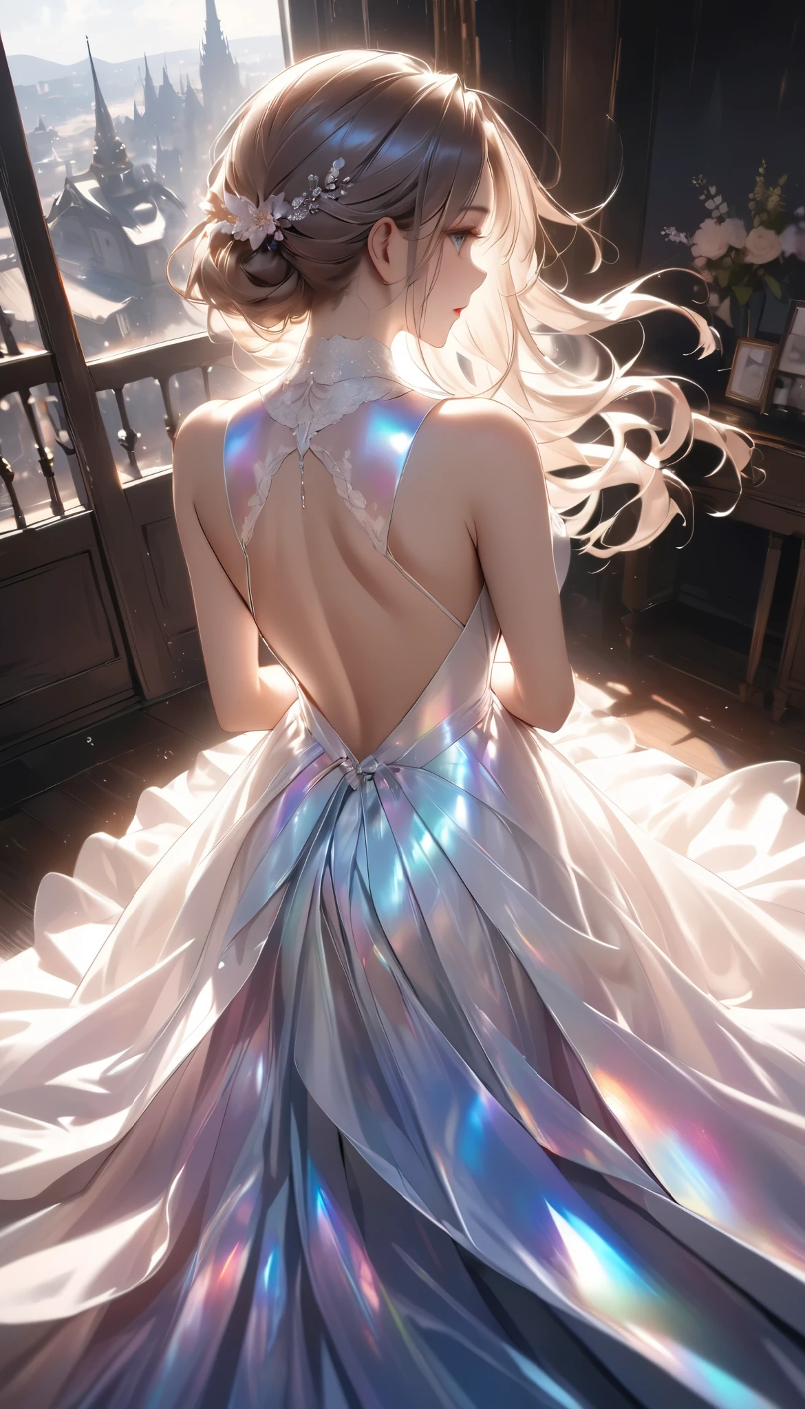 TOP QUALITY ILLUSTRATION , RAW photo, shot from above, soft focus, (a woman, Alone, She is wearing a simple open back wedding dress, beautiful back, A fine silk dress made to create it , Phantasmal iridescent opaque thin fabric creates a holographic sheen, Healthy and attractive skin, A fresh, soft and taut sense of beauty ), You'll be fascinated by her enchanting back, Dramatic lighting that captivates you , 全ては beautiful backを魅せるために作られました, but、This is a fashion show , The appeal of dresses must be conveyed to the fullest , Show off your beautiful bareback dress to the audience, The perfect contrast that shines on the dress