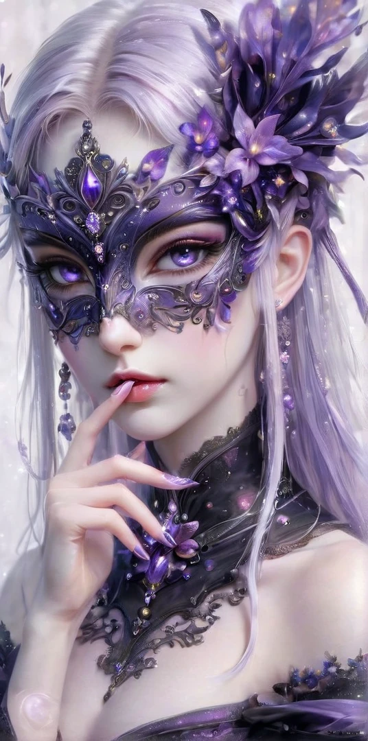 a woman with a purple mask and purple flowers in her hair, beautiful elf with violet skin, 8k high quality detailed art, fantasy art style, stunning anime face portrait, wearing a bejeweled mask, ((a beautiful fantasy empress)), hyperdetailed fantasy character, with gorgeous detailed eyes, beautiful and elegant elf queen, cute face. dark fantasy, 