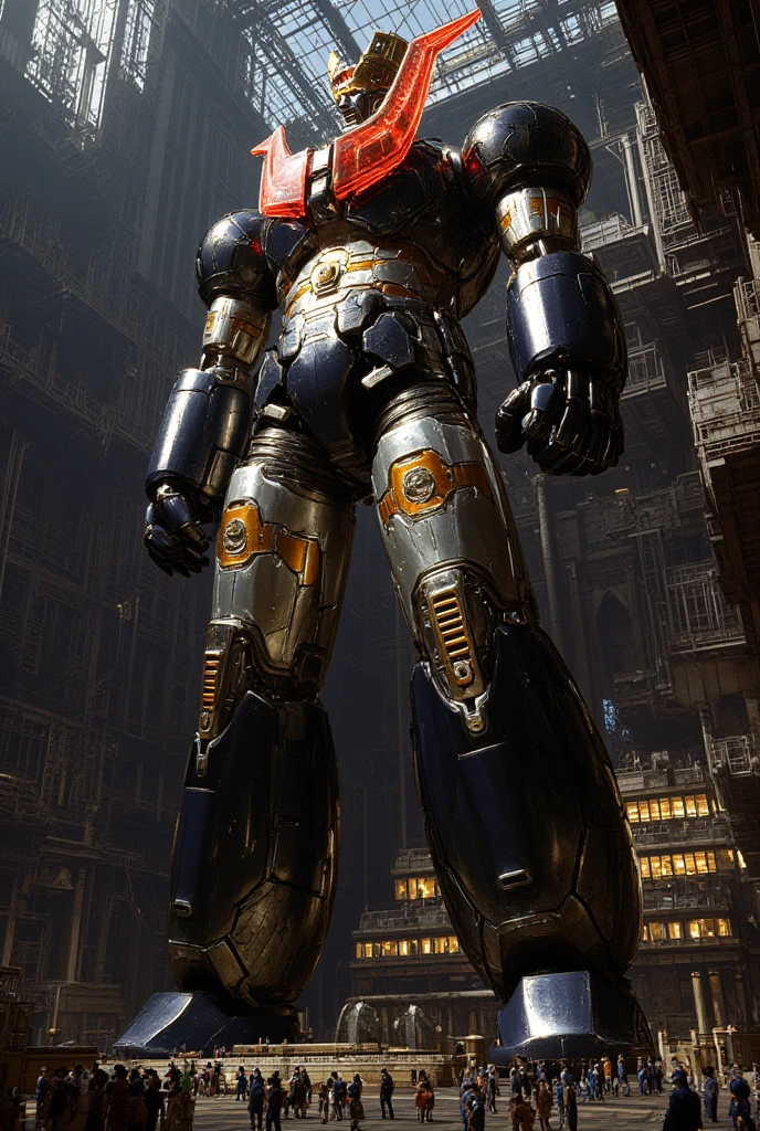 A very realistic giant version of the great hero Mazinger Z, Standing in a forward position at a height of 100 meters .  reactor equipment production line constructed with modern materials such as steel ,  Carbon Fiber ,  other industrial elements are also visible ,  just like the real thing ,  where high voltage current flows and emits light have been carefully recreated.  set in a modern industrial environment ,  the appearance of Mazinger Z standing around ,  illuminated by natural light 、 huge structures highlighted with realistic shadows . LED light lighting 