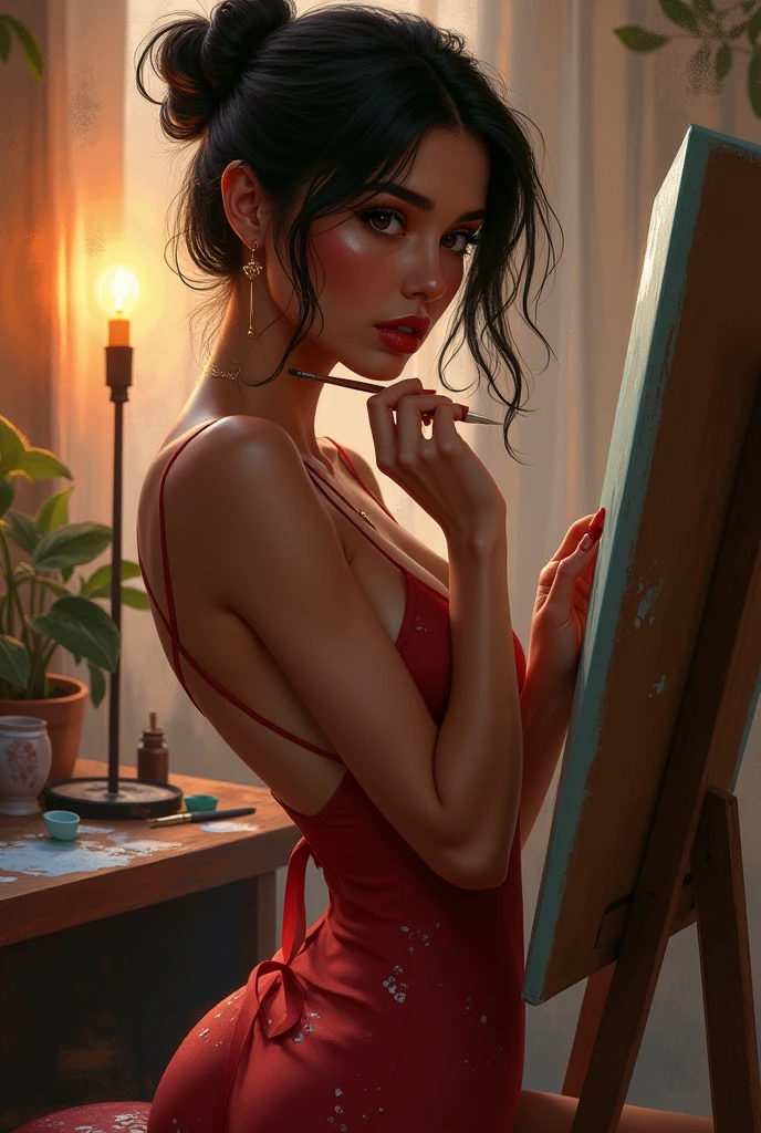 brunette sexy avec tenue romantique et cheveux longs attachés qui peint un tableau dans un atelier, les jambes découvertes et du vernis rouge aux pieds et aux mains, fenetre, beau paysage, ambiance artiste