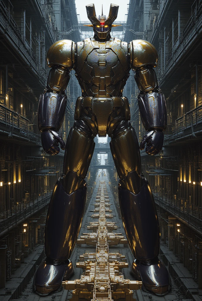 A very realistic giant version of Mazinger Z ,  standing 100 meters high in a forward position.  reactor equipment production line constructed with modern materials such as steel ,  Carbon Fiber ,  other industrial elements are also visible ,  just like the real thing ,  where high voltage current flows and emits light have been carefully recreated.  set in a modern industrial environment ,  the appearance of Mazinger Z standing around ,  illuminated by natural light 、 huge structures highlighted with realistic shadows . LED light lighting 