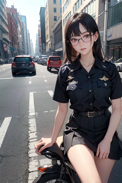 (( top quality )), ((傑 top quality 、masterpiece、High sensitivity、 high res、 detailed depiction 、 delicate face depiction )),Slender woman、Glasses、 miniskirt、Police Officer、mini police car 、Traffic management、
