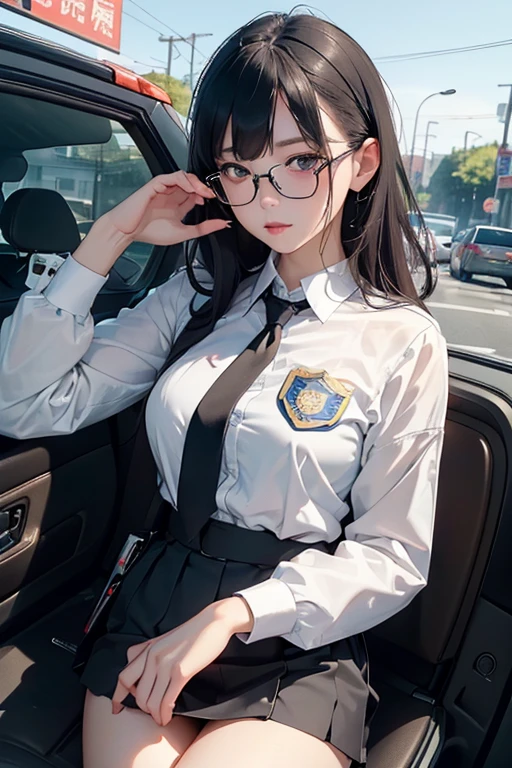 (( top quality )), ((傑 top quality 、masterpiece、High sensitivity、 high res、 detailed depiction 、 delicate face depiction )),Slender woman、Glasses、 miniskirt、Police Officer、mini police car 、Traffic management、
