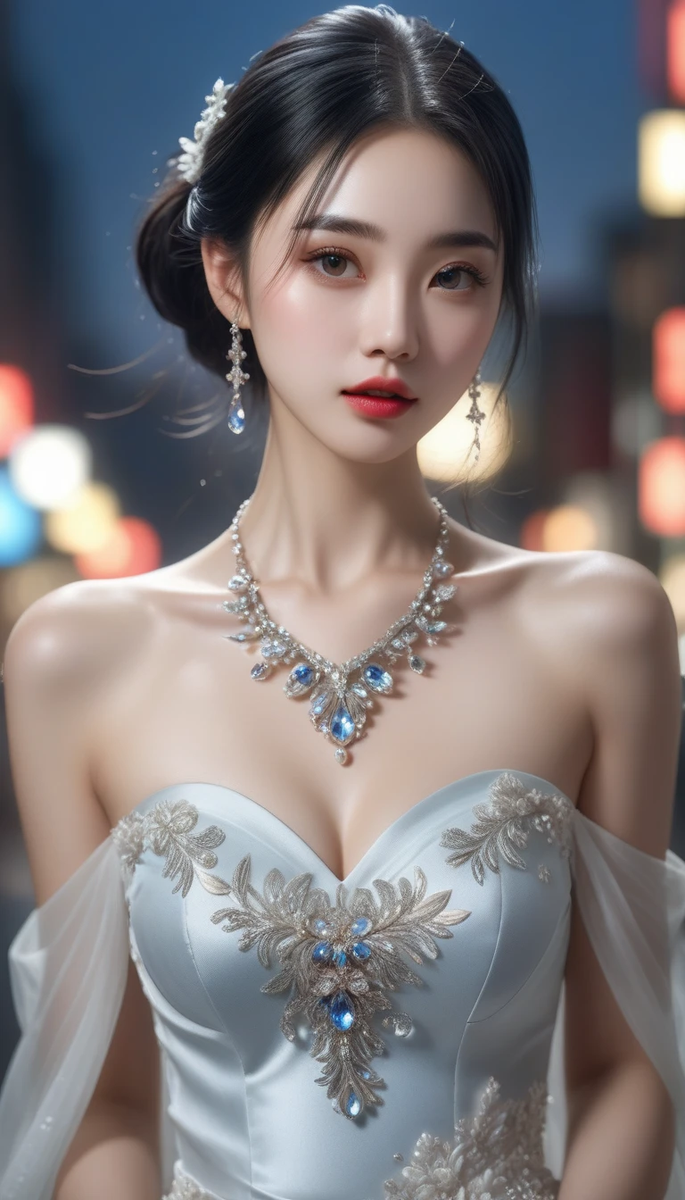 (Canon RF85mm f/1.2), (8k, RAW photos, best quality, masterpiece), (realistic, photograph realistic), masterpiece, best quality, High detail, Best image quality, super detailed, high resolution, Very detailed, Best quality, Extreme detail description, hyperdetailed painting, (An extremely delicate and beautiful work), ((standing)), Beautiful detailed girl, Very detailed eyes and face, masterpiece, fair skin, hazy beauty, very detailed facial, (Beautiful detailed eyes), detailed skin structure, perfect anatomy, ((perfect figure)), Beautiful detailed whole body, delicate face, exquisite body, fine collar bone, lovely lips, Behind the softness, adorable, ((slim waist)), (big breasts, Bulging breasts, crisp breasts), ((cleavage)), (seductive look, glowing eyes, beautiful and clear eyes), (bouffant bun hair, blond hair), (smile:1.2), ((Enchanted expression)), seductive pose, ((An extremely detailed and luxury soft see through long lace black dress:1.2)), ((soft black coat)), (highly detailed, delicate necklace, Delicate earrings), ((view over city:1.3)), ((midnight:1.2)), physically-based rendering, ((upper body:1.3)), ((looking to viewer:1.2)), ((hands down))