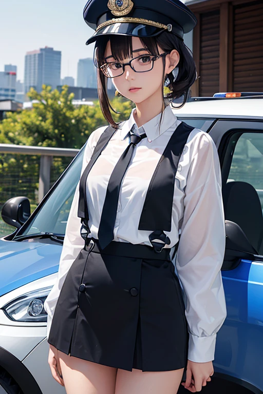 (( top quality )), ((傑 top quality 、masterpiece、High sensitivity、 high res、 detailed depiction 、 delicate face depiction )),Slender woman、Glasses、 miniskirt、Japanese police officer、mini police car 、Traffic management、
