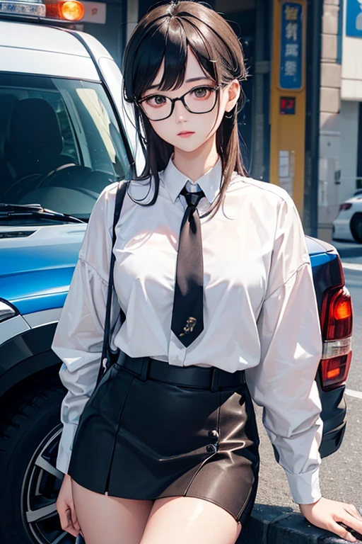 (( top quality )), ((傑 top quality 、masterpiece、High sensitivity、 high res、 detailed depiction 、 delicate face depiction )),Slender woman、Glasses、 miniskirt、Japanese police officer、mini police car 、Traffic management、
