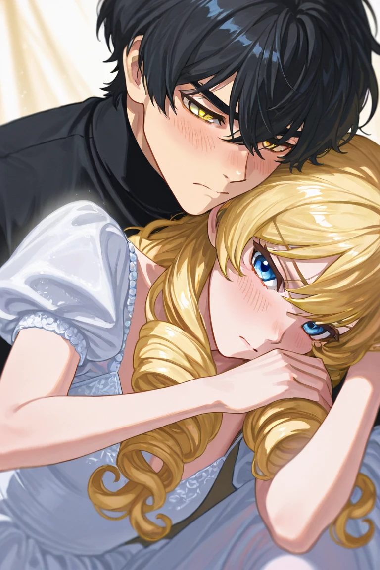 Tall teenager with Black hair, light cold golden eyes, handsome, bad tempered but being shy looking at her, wearing black clothes and a ballerina girl serious with blonde long curly hair and shiny blue eyes in a magic land wearing a pink and white delicate dress. THE GIRL IS THE ONE WITH GOLDEN EYES. THE BOY HAS BLUE EYES. 